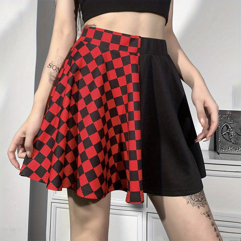 Chessboard Print Splicing Skirt, Gothic Ruched Punk Mini Skirt Without Belt, Women's Clothing
