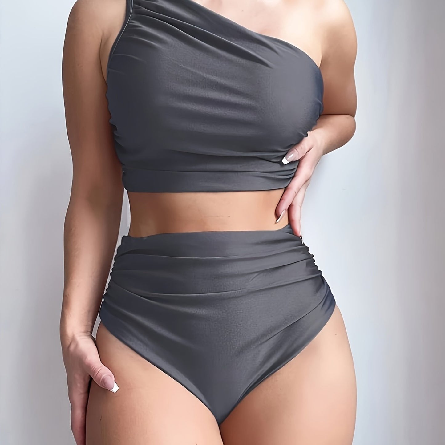 Women'S Sexy One-Shoulder Black Bikini Set - High Stretch Polyamide & Elastane, Solid Color Swimsuit with Frill Detail, Sleeveless, Swimwear Essentials | One Shoulder Bikini | Stretchy Fabric