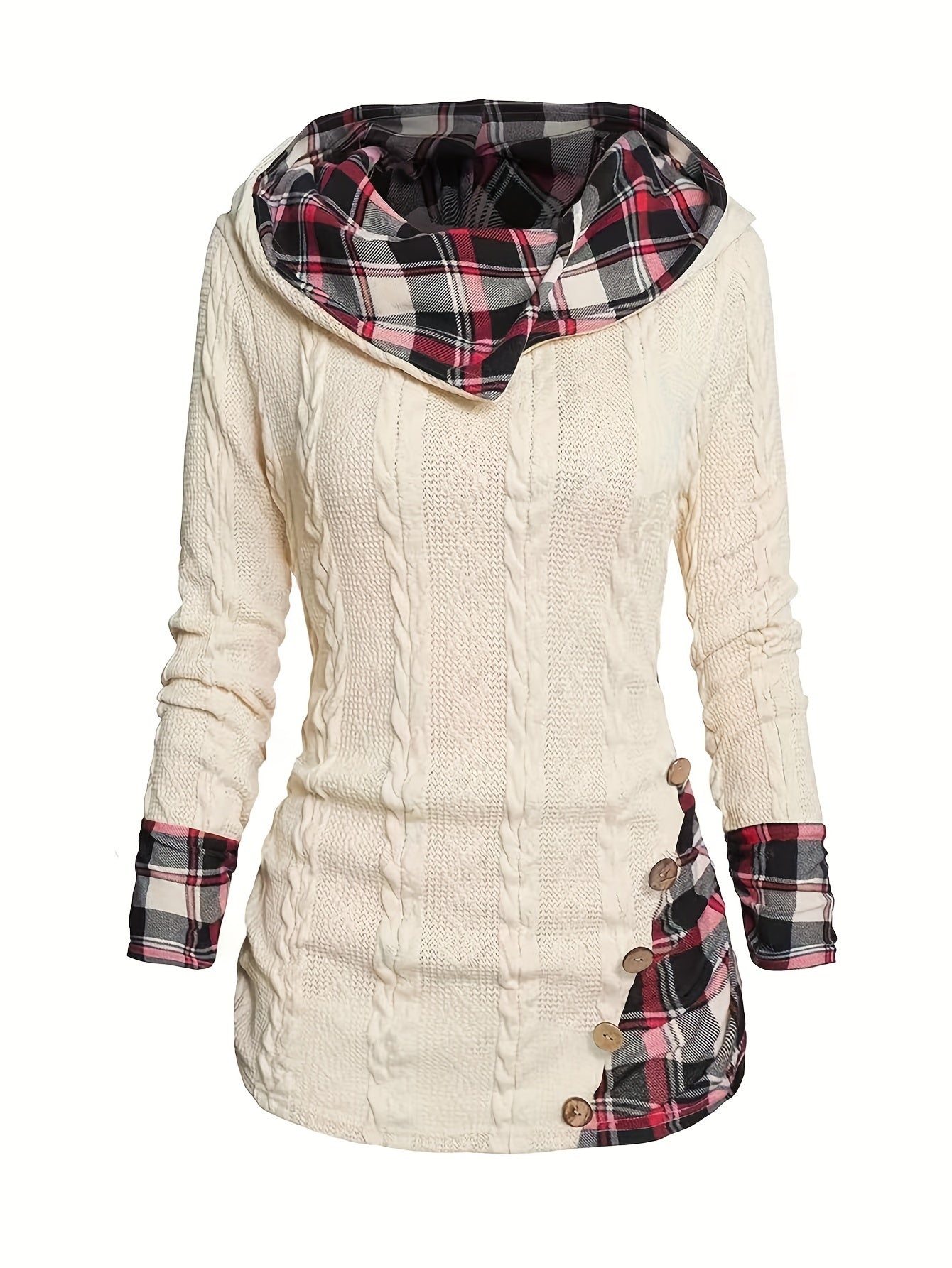 Plus Size Womens Cozy Hooded Gingham Plaid Print Cable Knit Long Sleeve Top