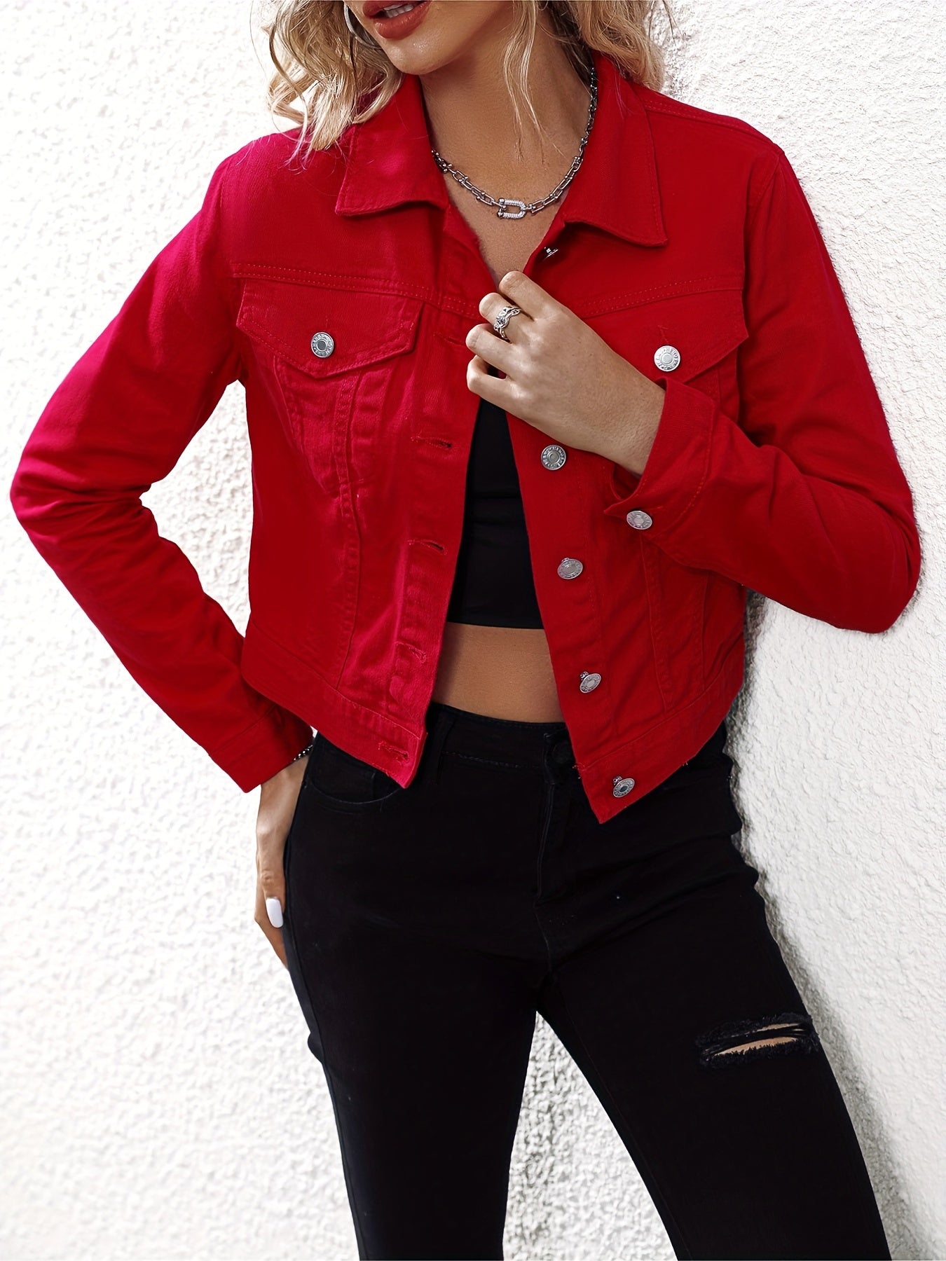 Womens Classic Slim Fit Red Denim Jacket