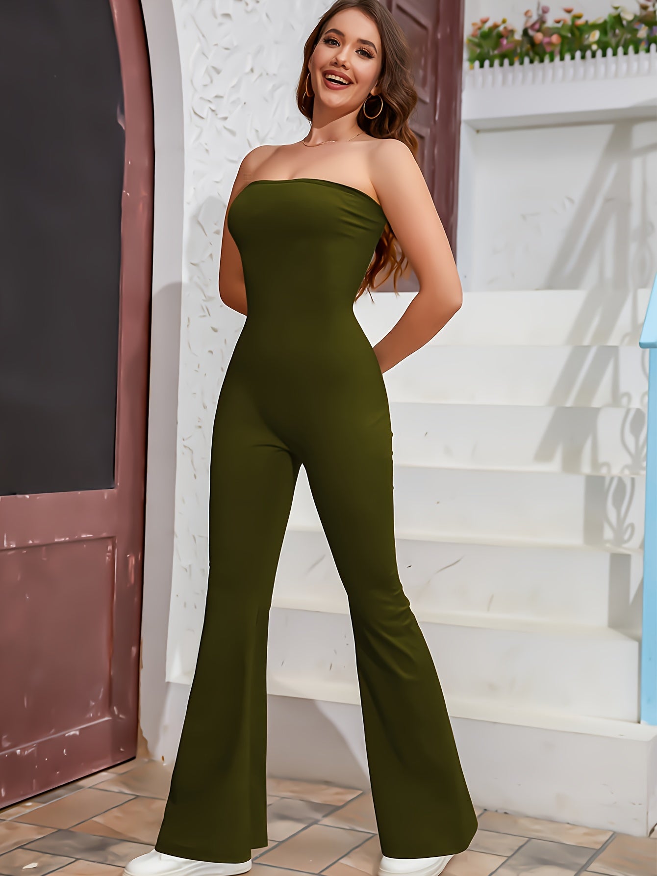 Mono elegante de tubo sin tirantes de color liso: estilo sin mangas informal para primavera y verano: ropa informal de moda para uso diario para mujer