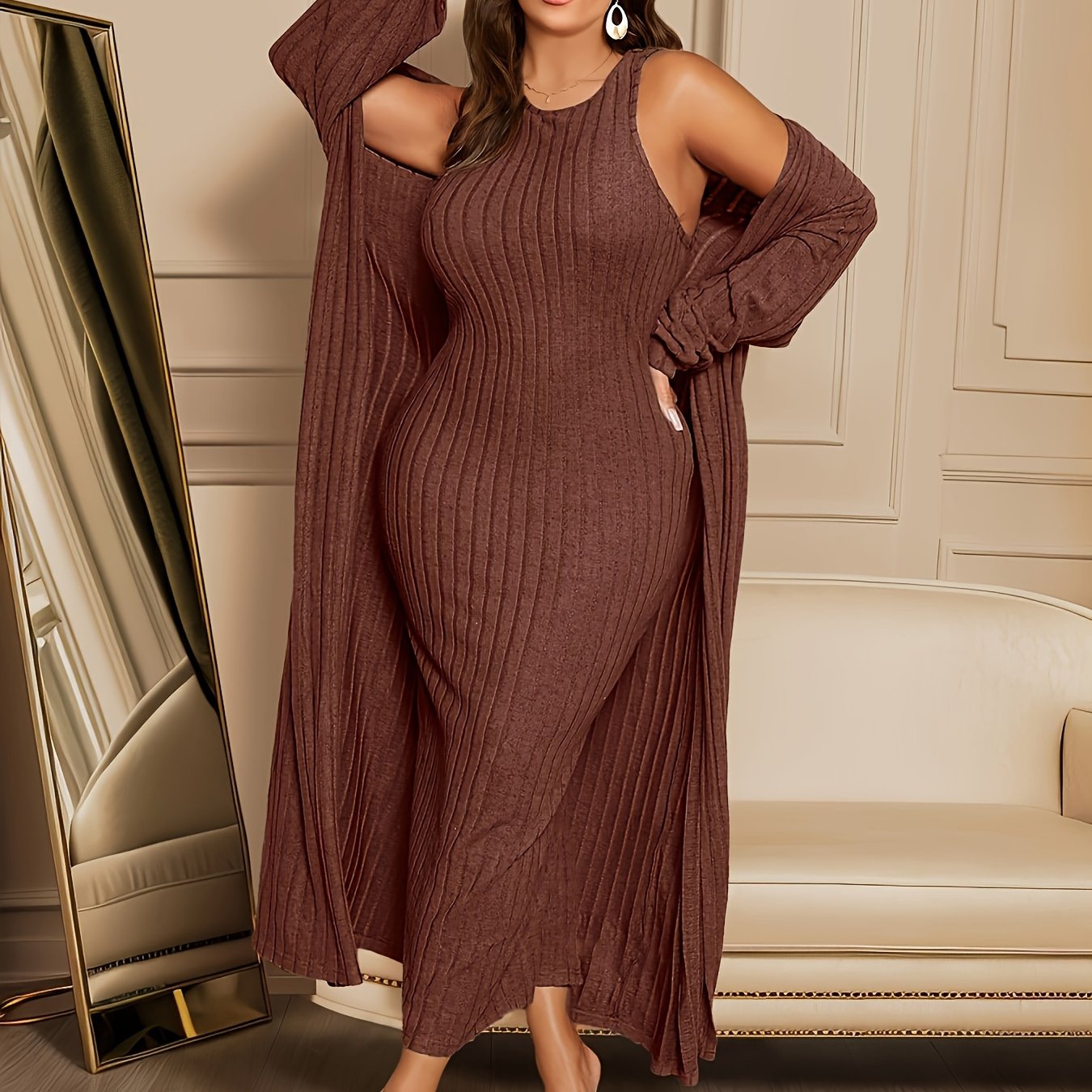 Large Ribbed Two-piece Set, Long Sleeved Cardigan And Sleeveless Formal Attire, Women's Curve Clothing