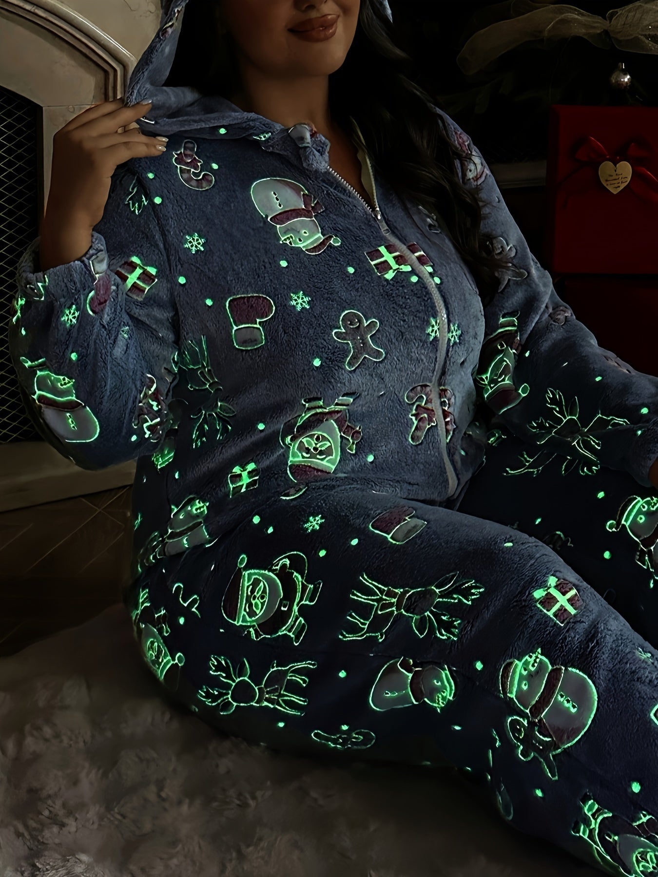Festive Christmas Pajamas: Adult XL One-Piece Nightshirt with Glow-in-the-Dark Santa, Reindeer, Snowman, Gingerbread, and Stocking Patterns - Perfect for Cozy Winter Nights