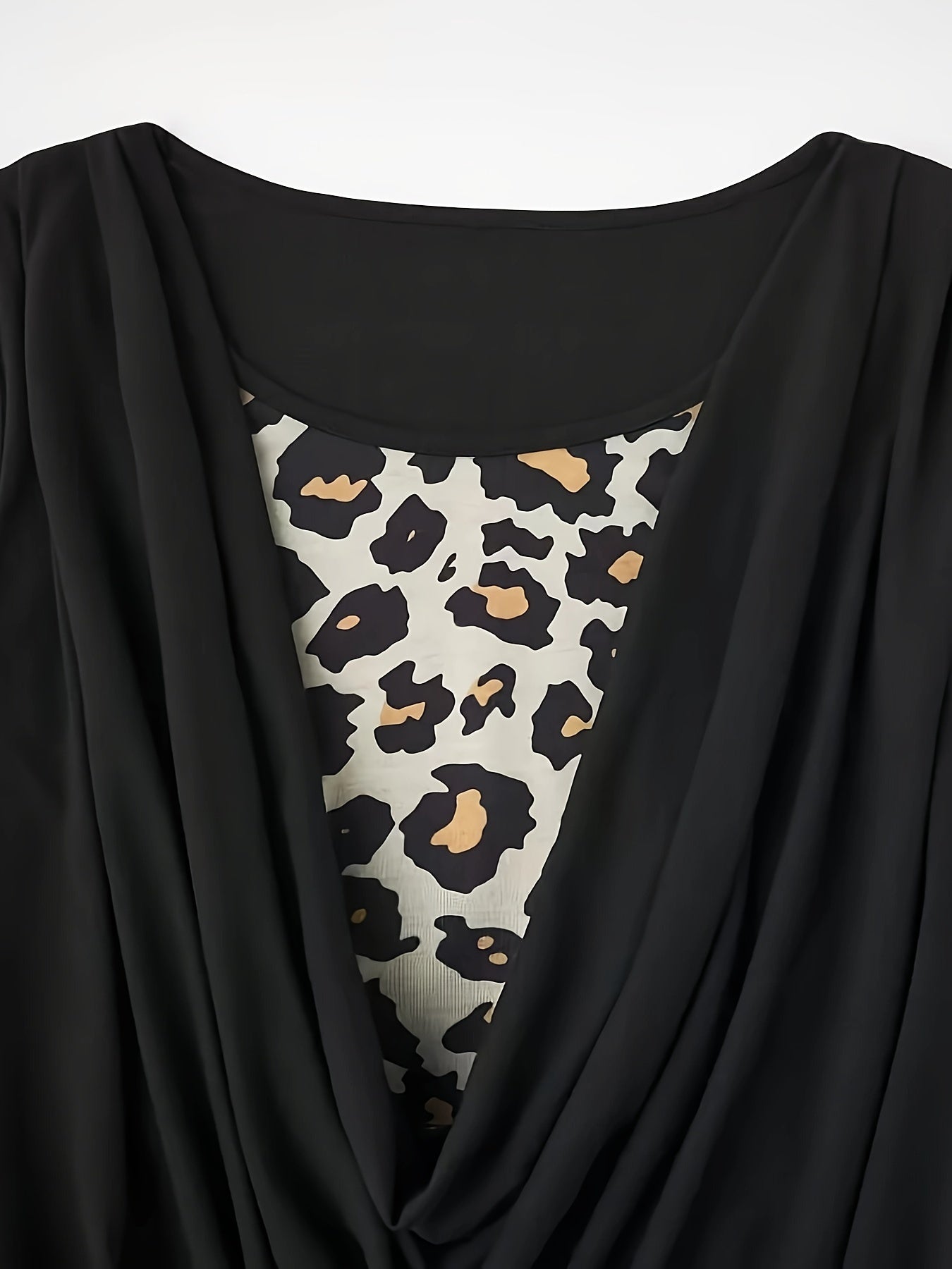 Vestido de cuello redondo con estampado de leopardo: vestido informal de corte relajado con mangas largas y fruncido para mujer, silueta cómoda y favorecedora, perfecto para uso diario, ropa de moda para mujer