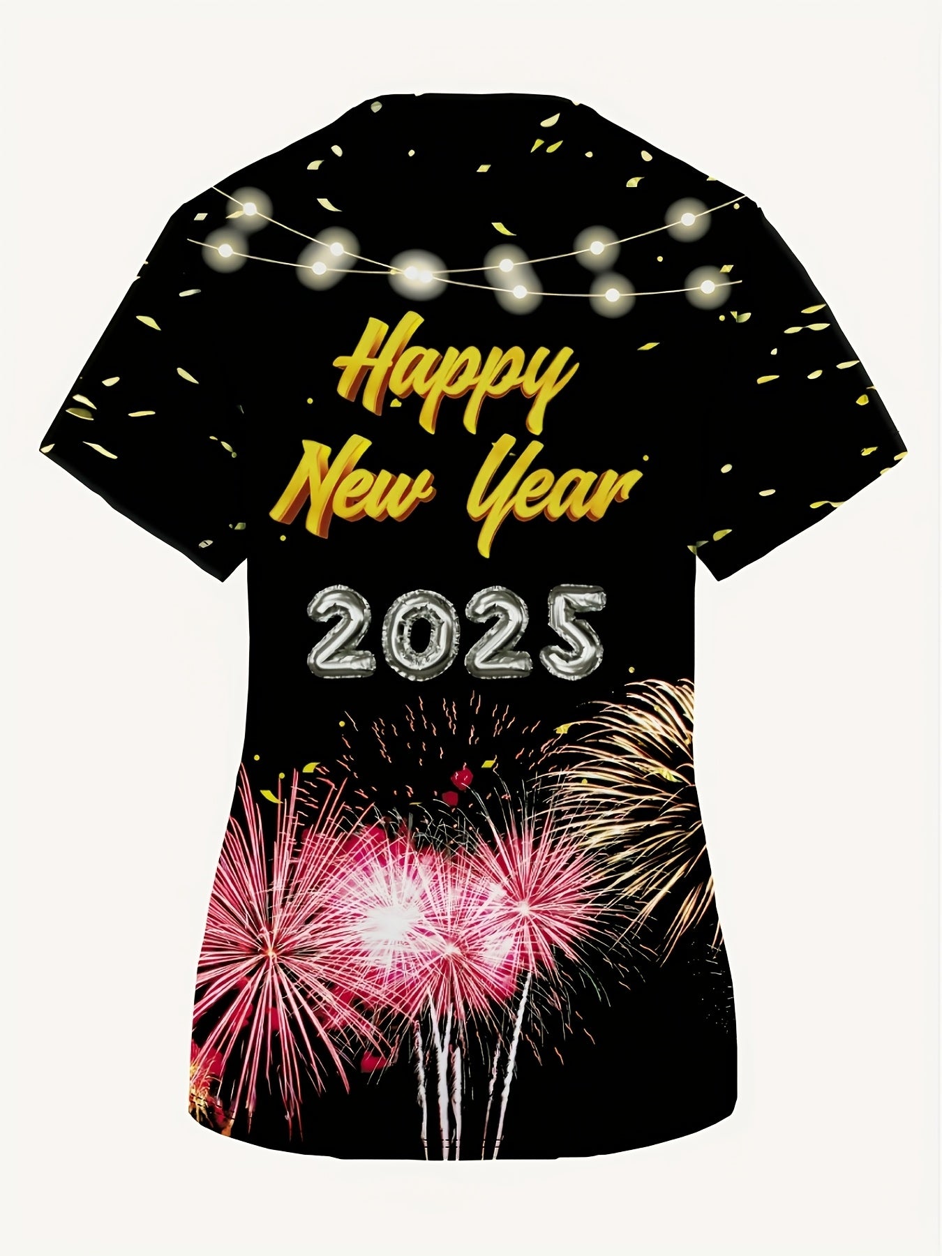 1pc 2025 Happy New Year Fireworks Design Women'S V-Neck Short Sleeve Top, Casual Comfort Medical Scrub with Pockets, Color Block Knit Polyester Fabric, All-Season Nurse Uniform