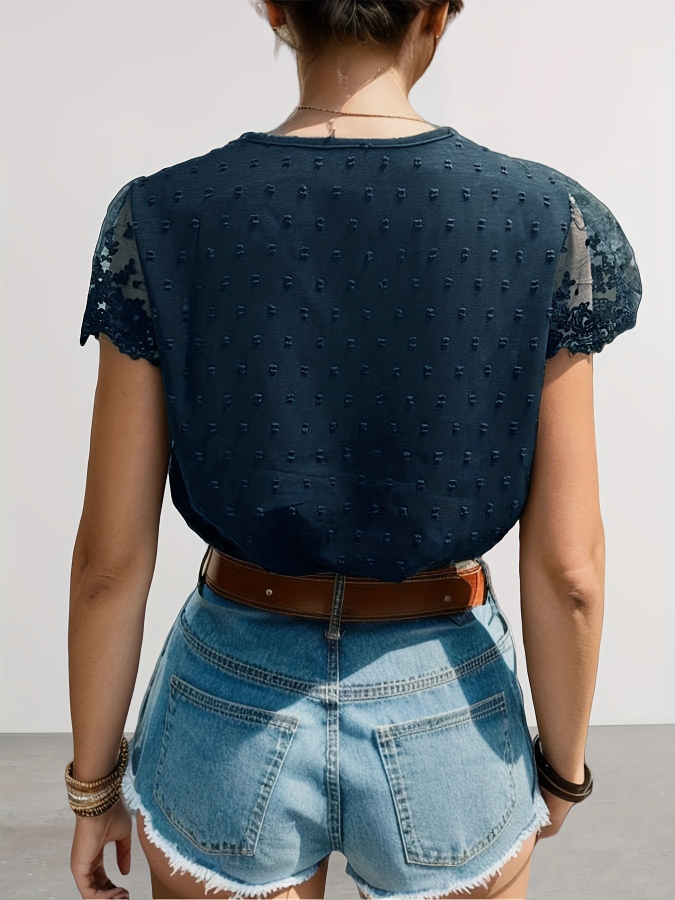 Swiss Dot Contrast Lace Blouse, Vacation V-neck Short Sleeve Button Front Blouse, Women's Clothing