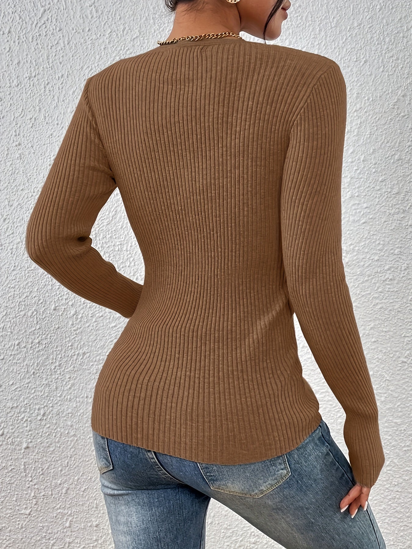 V-Neck Elegant Solid Ribbed Sweater