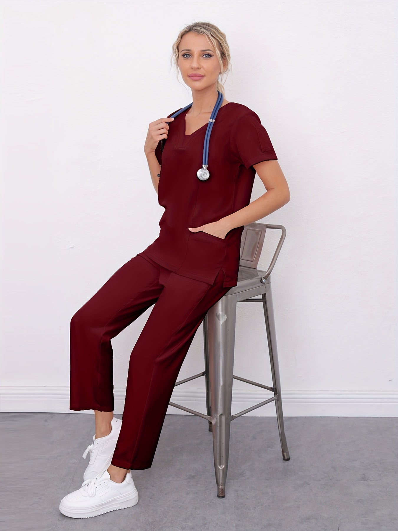 Conjunto de dos piezas liso, camiseta y pantalón de manga corta con cuello en V para atención médica, ropa de mujer