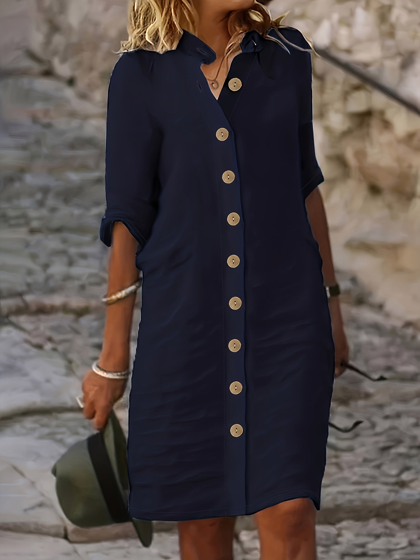 Midi Plus Size Elegant Shirt Dress - Stand Collar, Button-Up, Non-Stretch Polyester Fabric, Solid Color, Casual Weekend Wear, Machine Washable, No Belt or Chest Pad