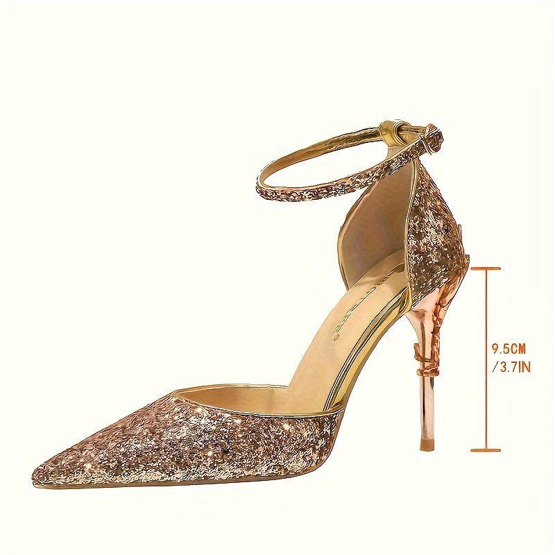 Chic Sequin Stiletto Sandals for Women - Sleek Pointed Toe, High Heel with Sparkling Accents, Lightweight & Versatile for All Seasons
