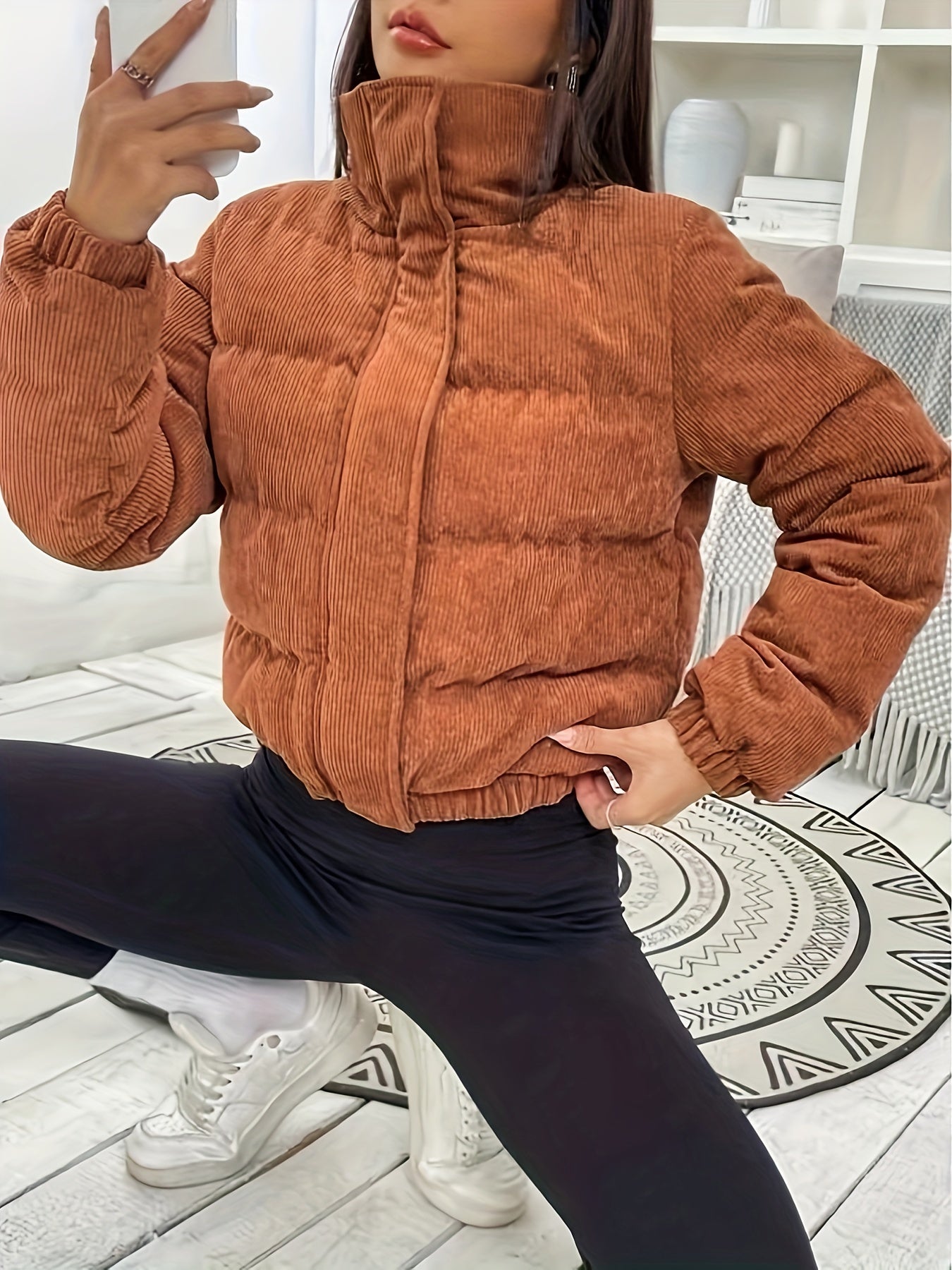 Zip Up High Neck Warm Coat, Casual Solid Long Sleeve Winter Outerwear, Women's Clothing