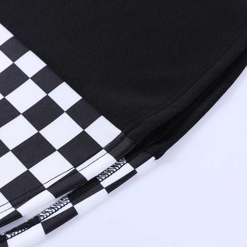 Chessboard Print Splicing Skirt, Gothic Ruched Punk Mini Skirt Without Belt, Women's Clothing