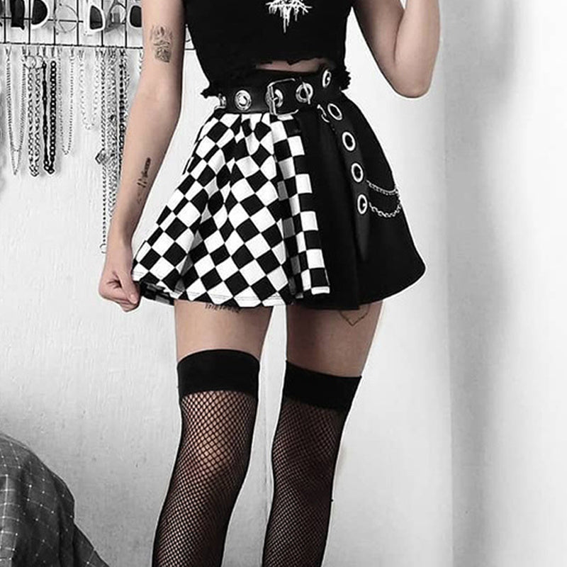 Chessboard Print Splicing Skirt, Gothic Ruched Punk Mini Skirt Without Belt, Women's Clothing