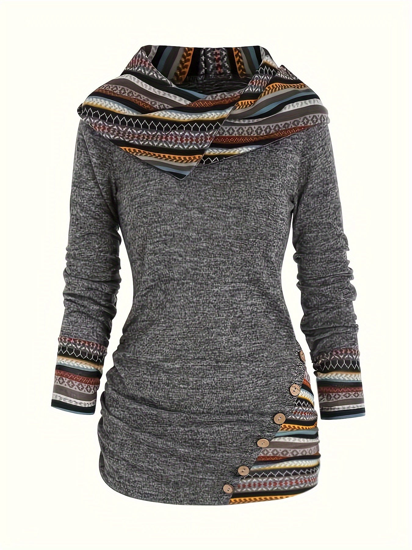 Stylish Plus Size Retro Colorblock Top - Women's Plus Size Long Sleeve Hooded Button Decor Slim Fit Slight Stretch Geometric Print Tops for Fashionable Ladies - Perfect for Casual Daily Wear, Outdoor Activities, and More