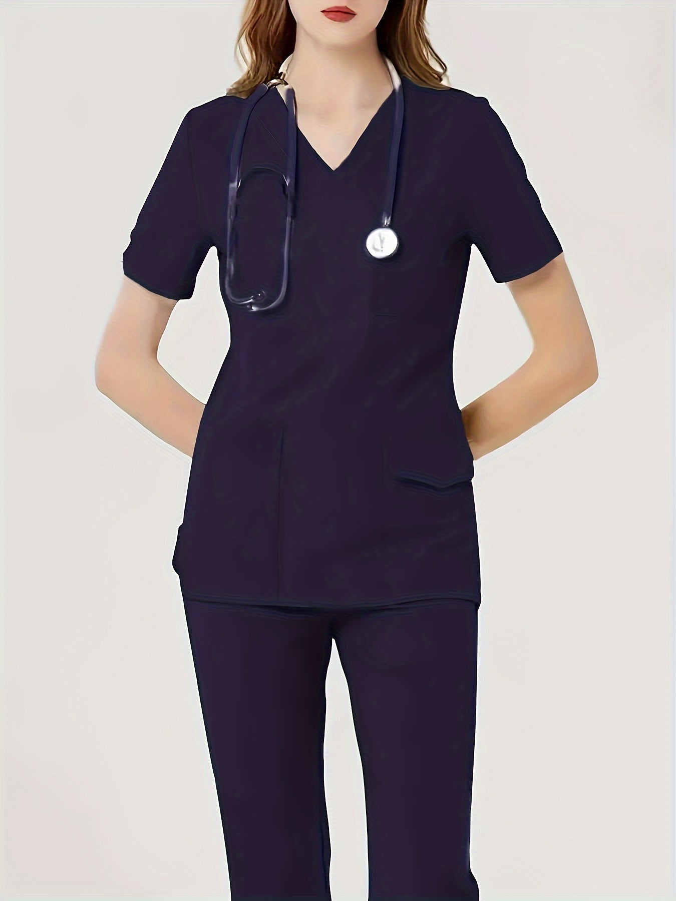 Ultra-Soft Womens Two-Piece Health Care Uniform Set - Stylish V-Neck Top With Practical Pockets & Sleek Solid Pants - Premium Quality, Comfortable Everyday Wear For Women