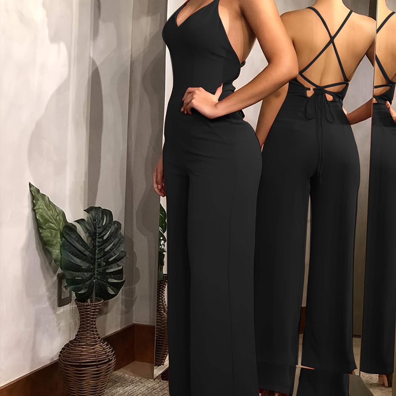 Cross Tie Back V-neck Jumpsuit, Sexy Solid Backless Jumpsuit