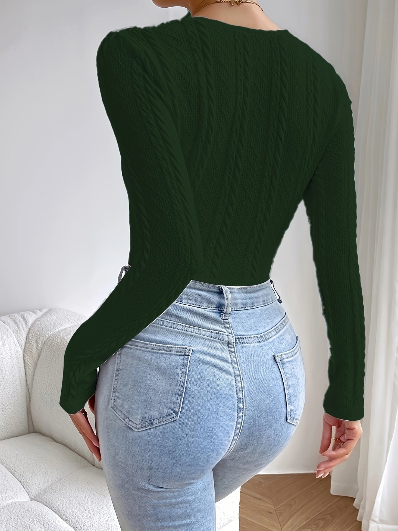 Elegant Long Sleeve Cable Knit Bodysuit - Women's Clothing - Soft, Stretchy, and Comfortable Square Neck Bodycon Bodysuit for Everyday Wear