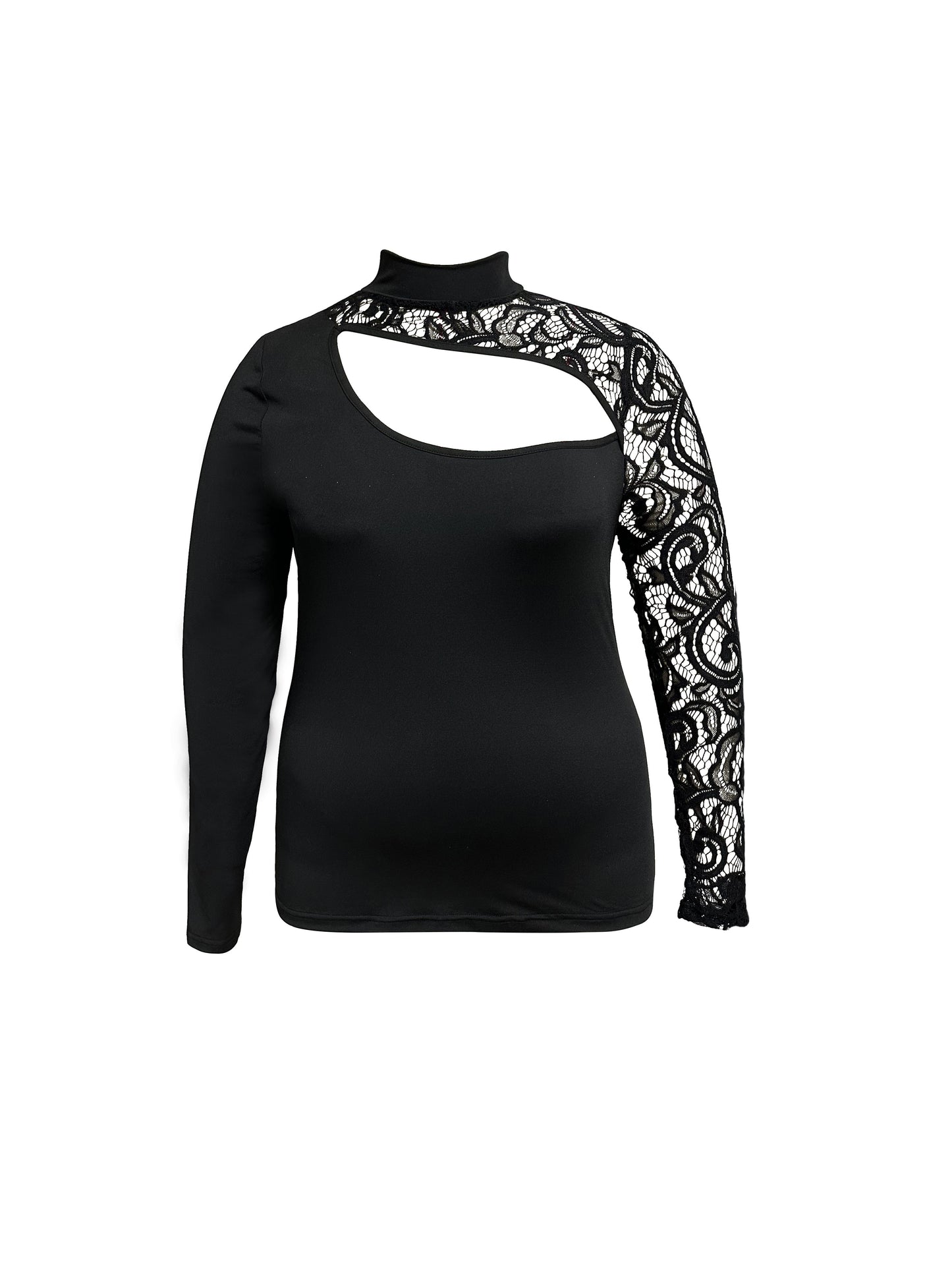 Plus Size Womens T-Shirt with Seductive Lace Cut Out - Flattering Slim Fit Long Sleeve Mock Neck Top