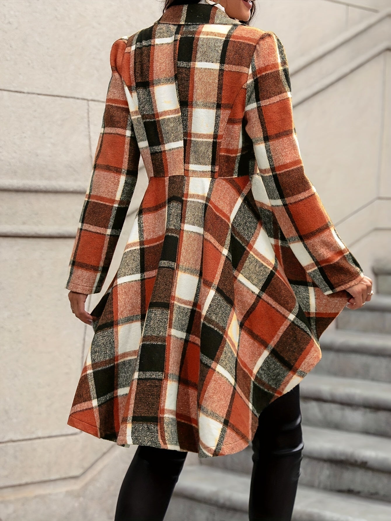 Stylish Plaid Flare Jacket - Elegant Long Sleeve High-Low Hem, Button Front, Fall & Winter Essential, Women's Fashion Clothing for Chic Style