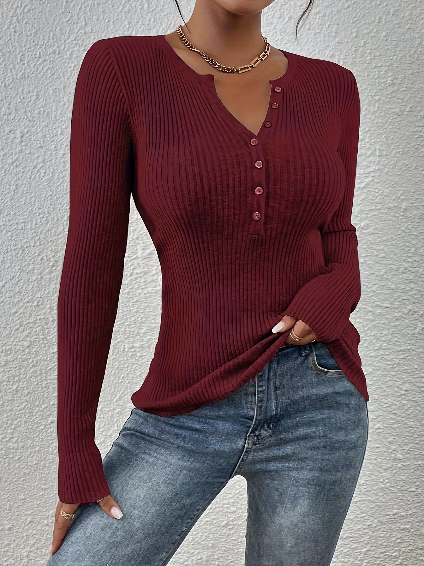 V-Neck Elegant Solid Ribbed Sweater