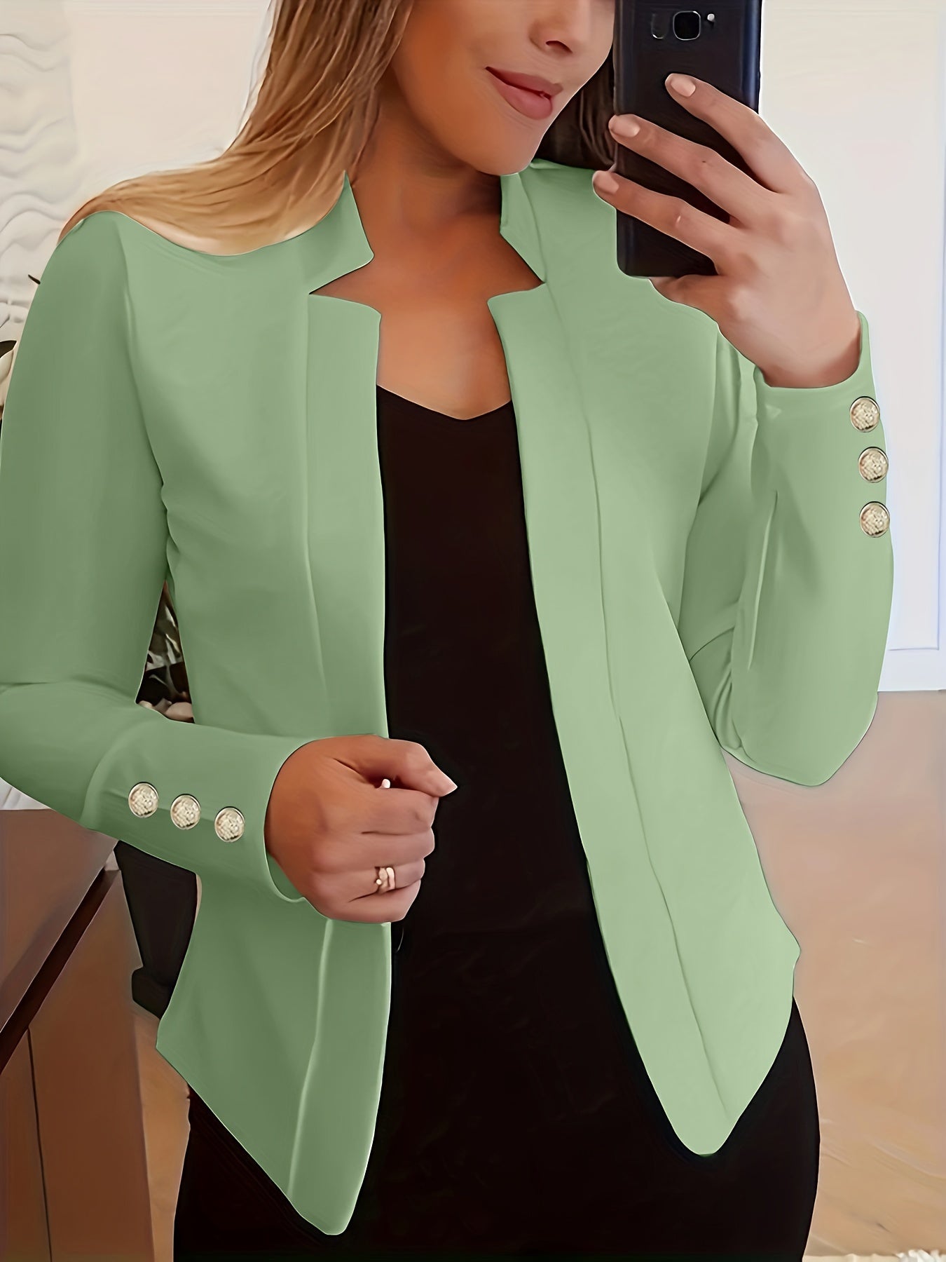 Stylish Solid Open Front Long Sleeve Button Blazer