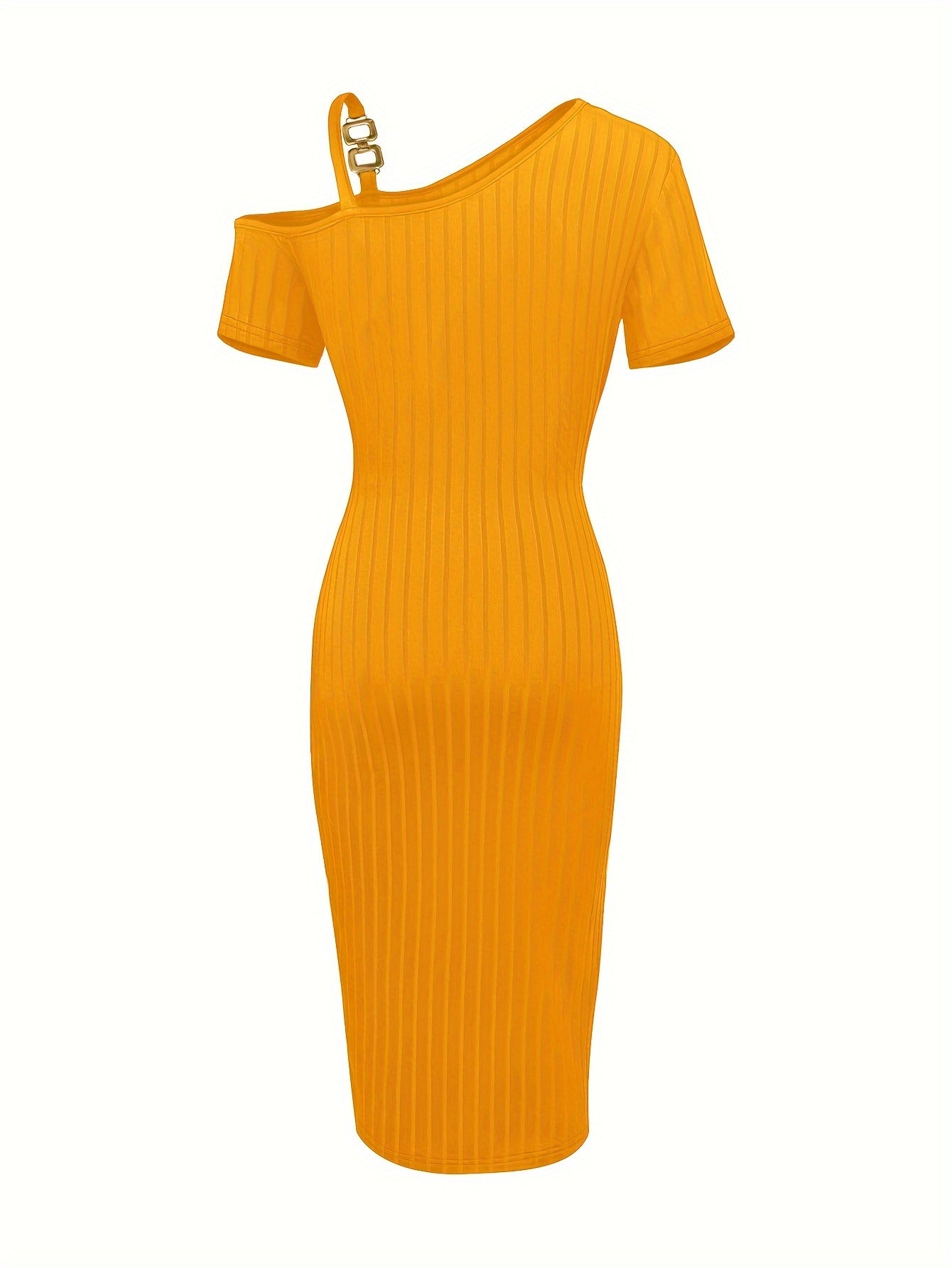 Exquisite Cold Shoulder Split Hem Chain Dress - Unique Asymmetrical Silhouette, Comfortable Short Sleeves, Trendy Split Hem Detail, Delicate Chain Embellishments -