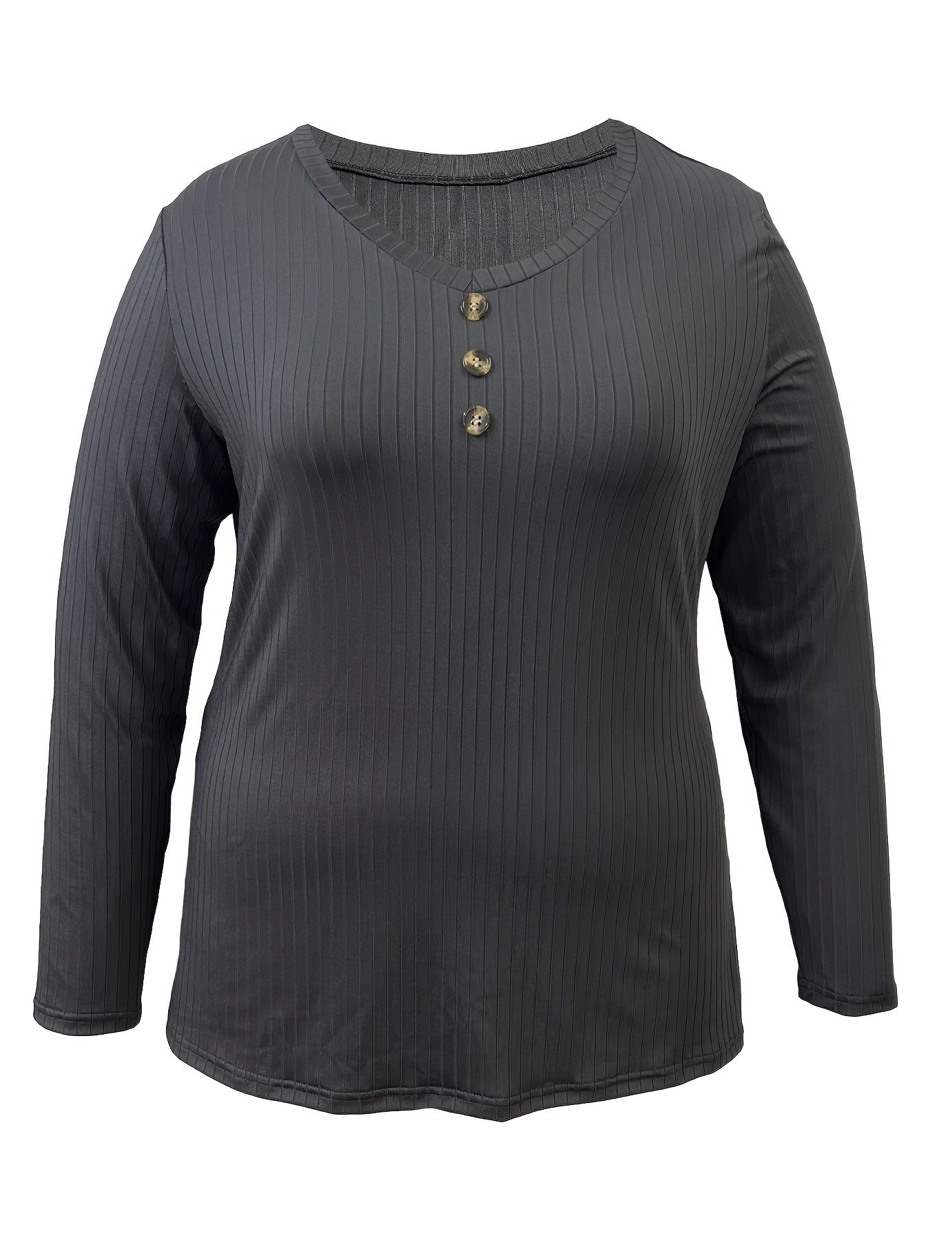 Plus Size Ribbed V Neck Long Sleeve T-Shirt - Soft, Breathable, Casual Wear for Everyday - Women's Comfortable Clothing for Work, Date, or Leisure