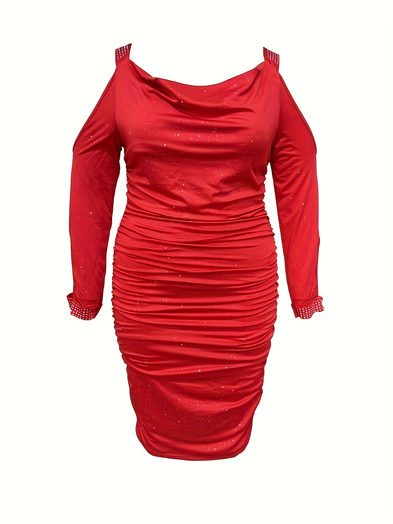 Impresionante vestido ajustado fruncido de talla grande: escote vuelto favorecedor, aberturas, manga larga, estilo informal: ropa de moda de talla grande para mujer para uso diario