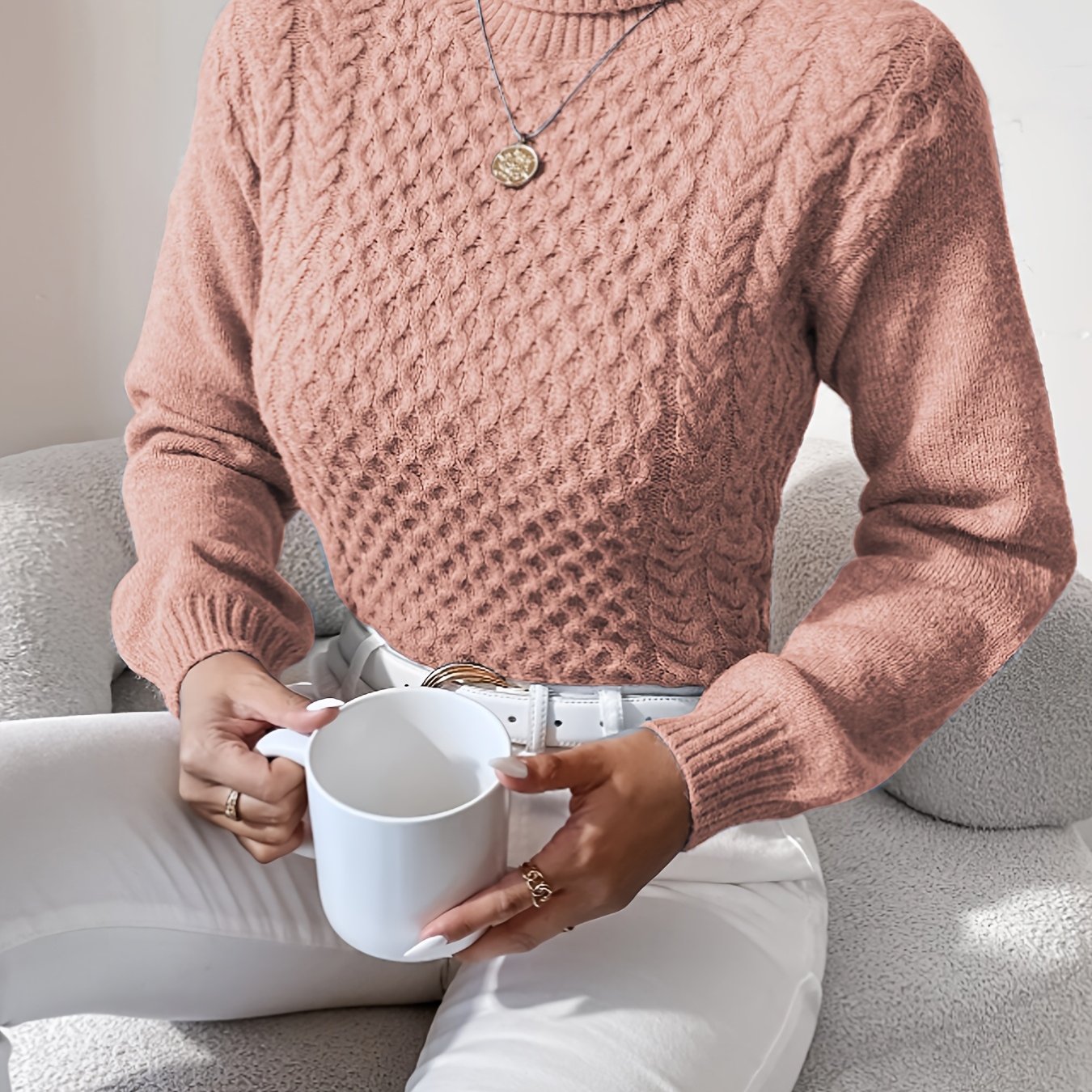 Suéter de manga larga de color sólido, suéter informal de cuello alto para invierno y otoño