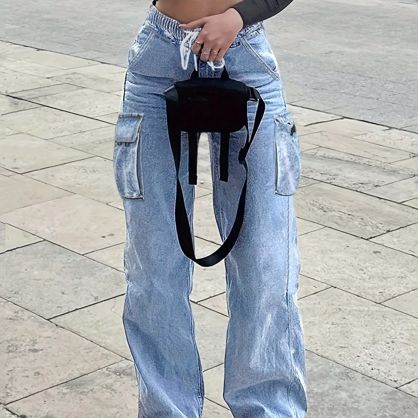 Waist Drawstring Women'S Loose Denim Straight Leg Pants, Mid Waistband Pocket, Comfortable And Versatile