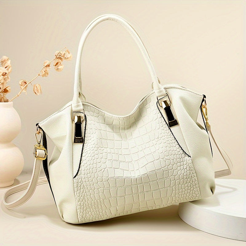 Elegante bolso de mano de PU con estampado de cocodrilo, correa ajustable, cierre de cremallera, liviano, borde pintado, forro de poliéster, perfecto para viajar, regalo de San Valentín y ocasiones de color sólido que combinan con todo