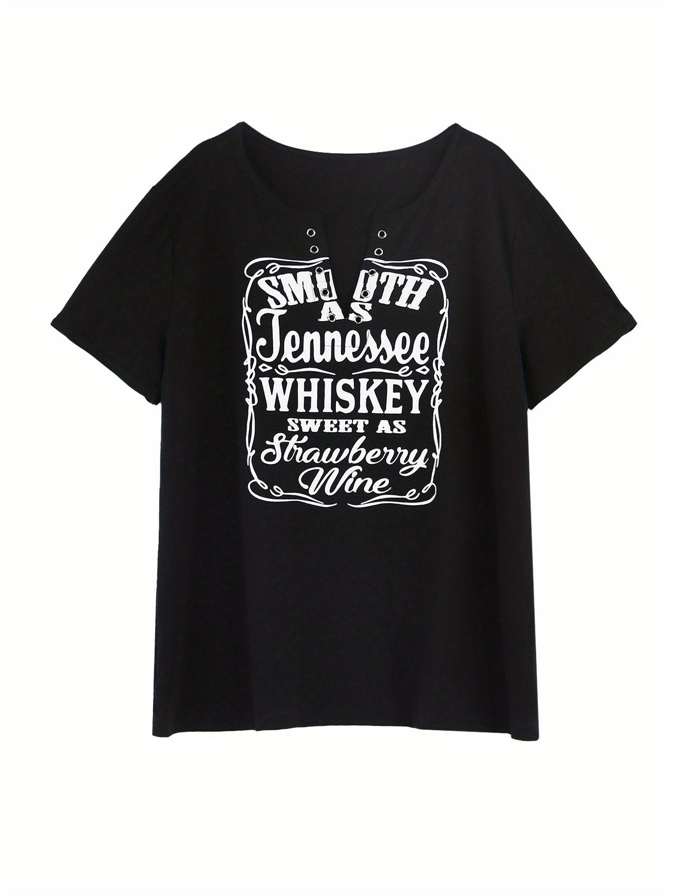 Plus Size Women's Relaxed Fit V Neck Casual T-Shirt - Soft Slight Stretch Fabric, Short Sleeve, Grommet Detail, Slogan Print, Comfortable and Breathable - Perfect for Everyday Wear