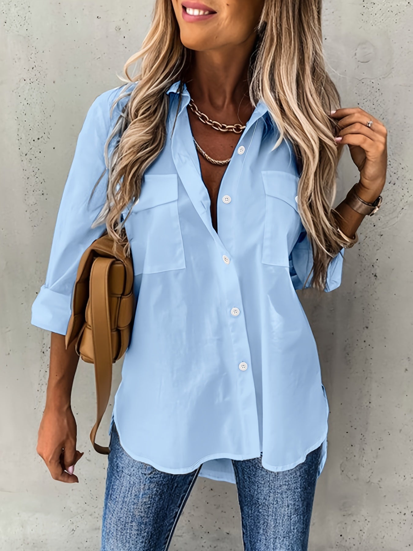 Camisa de mujer con cuello de solapa y manga larga, tejido de poliéster microelástico suave, semitransparente, detalle de bolsillo, ropa informal para todas las estaciones para la oficina y la vida diaria