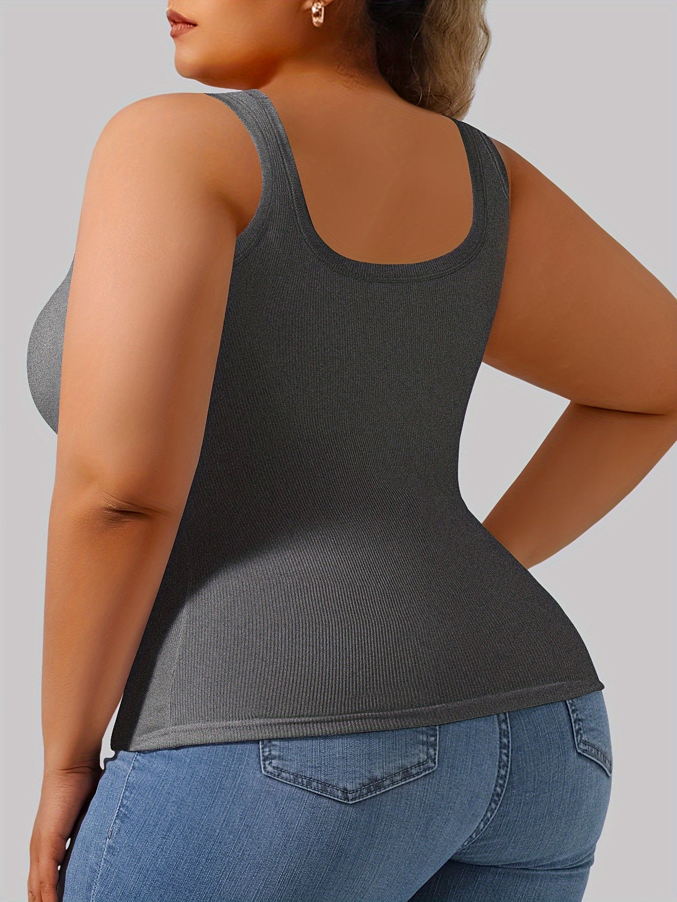 Plus Size Simple Shapewear Vest - Sculpting, Slim Fit, 2-in-1 Tank Top with Solid Ribbed Fabric, Scoop Neck Design, Comfortable and Breathable for Everyday Wear - Ideal for Curvy Women