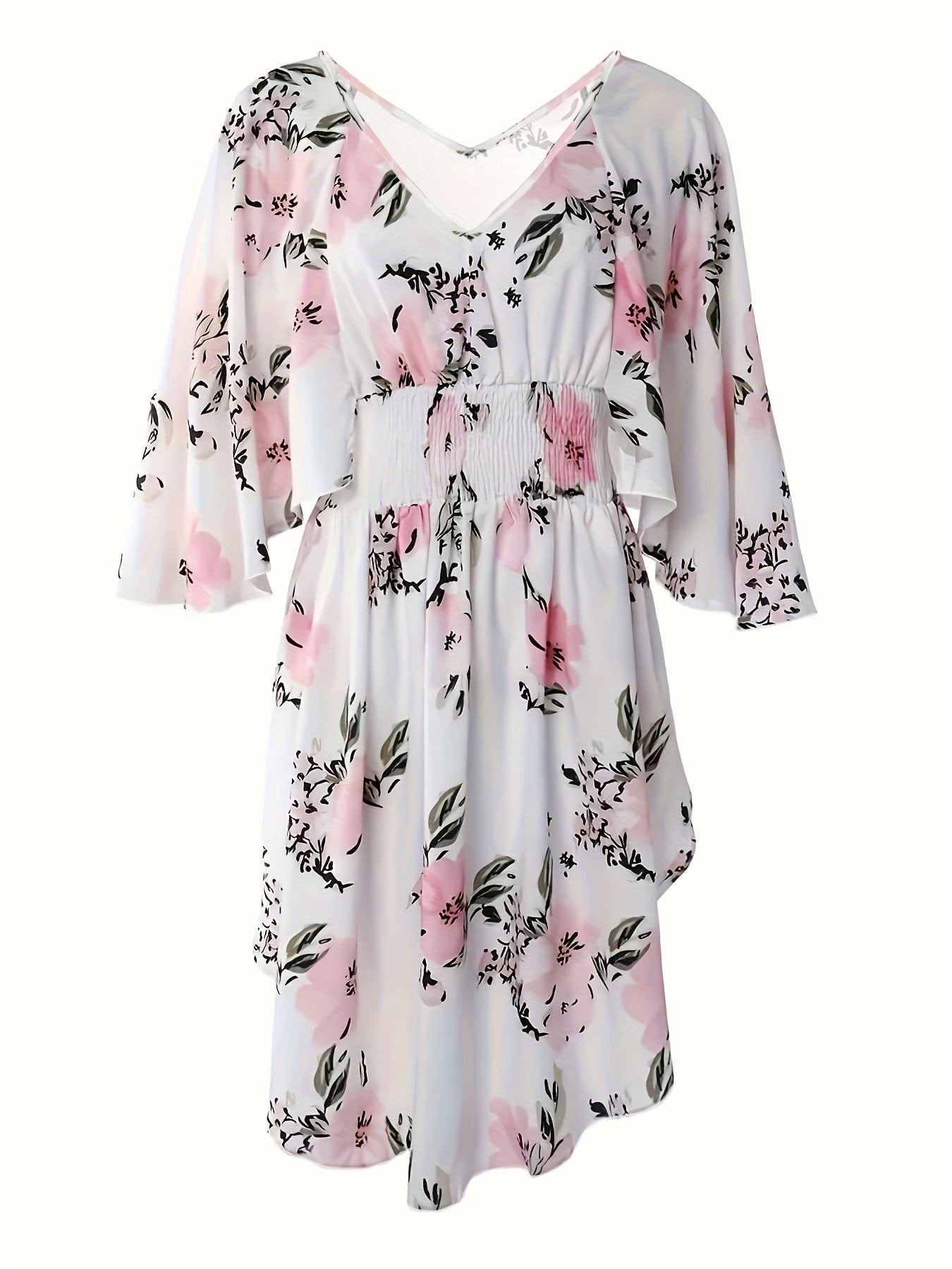 Plus Size Elegant Floral Print V-Neck Shirred Waist Dress - Flowy Irregular Hem, Comfortable and Breathable, Perfect for Spring and Summer, Womens Plus Size Clothing for Outdoor and Casual Occasions