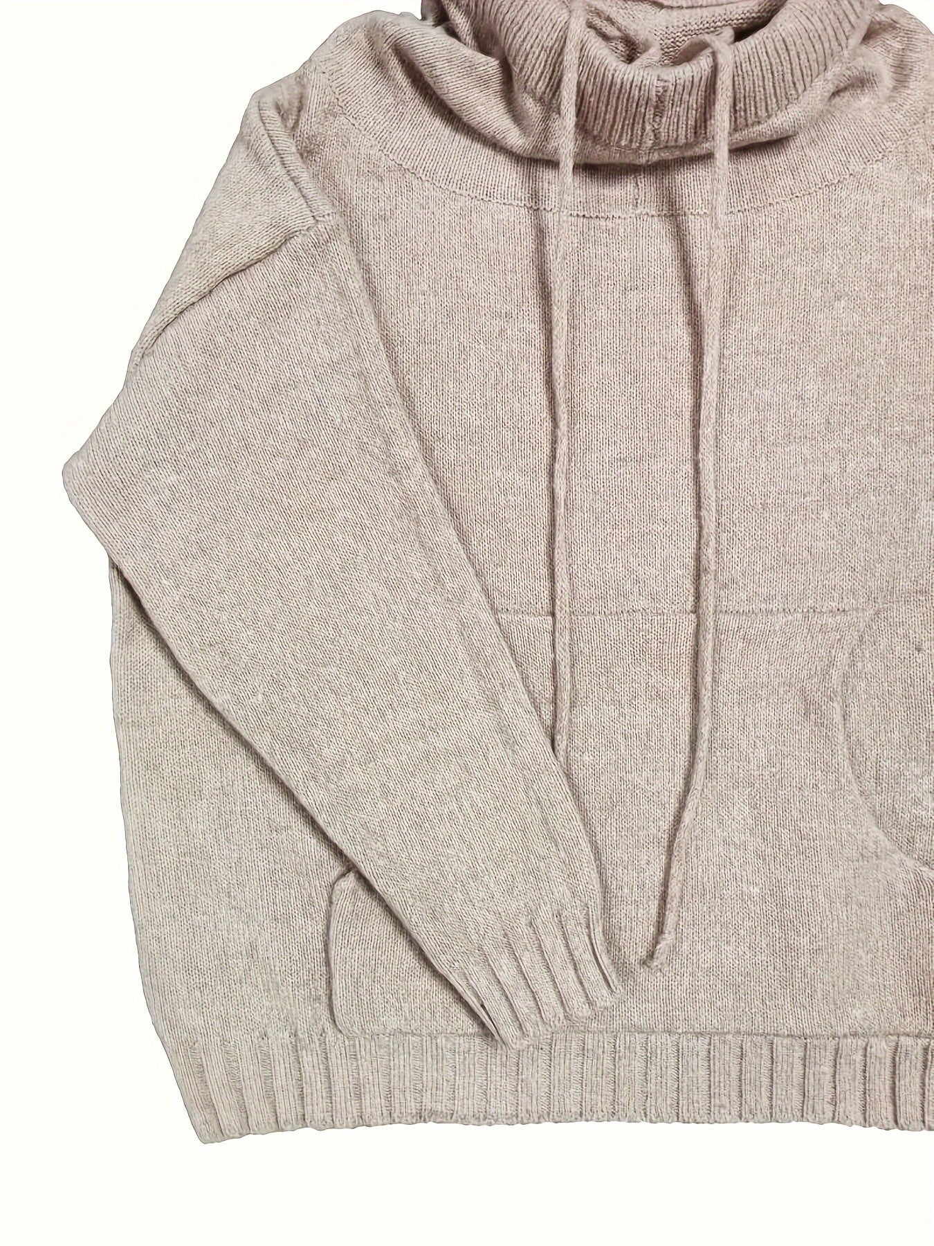 Suéter de punto con cordón ajustable de talla grande: blusa informal de manga larga con cuello vuelto y bolsillo tipo canguro