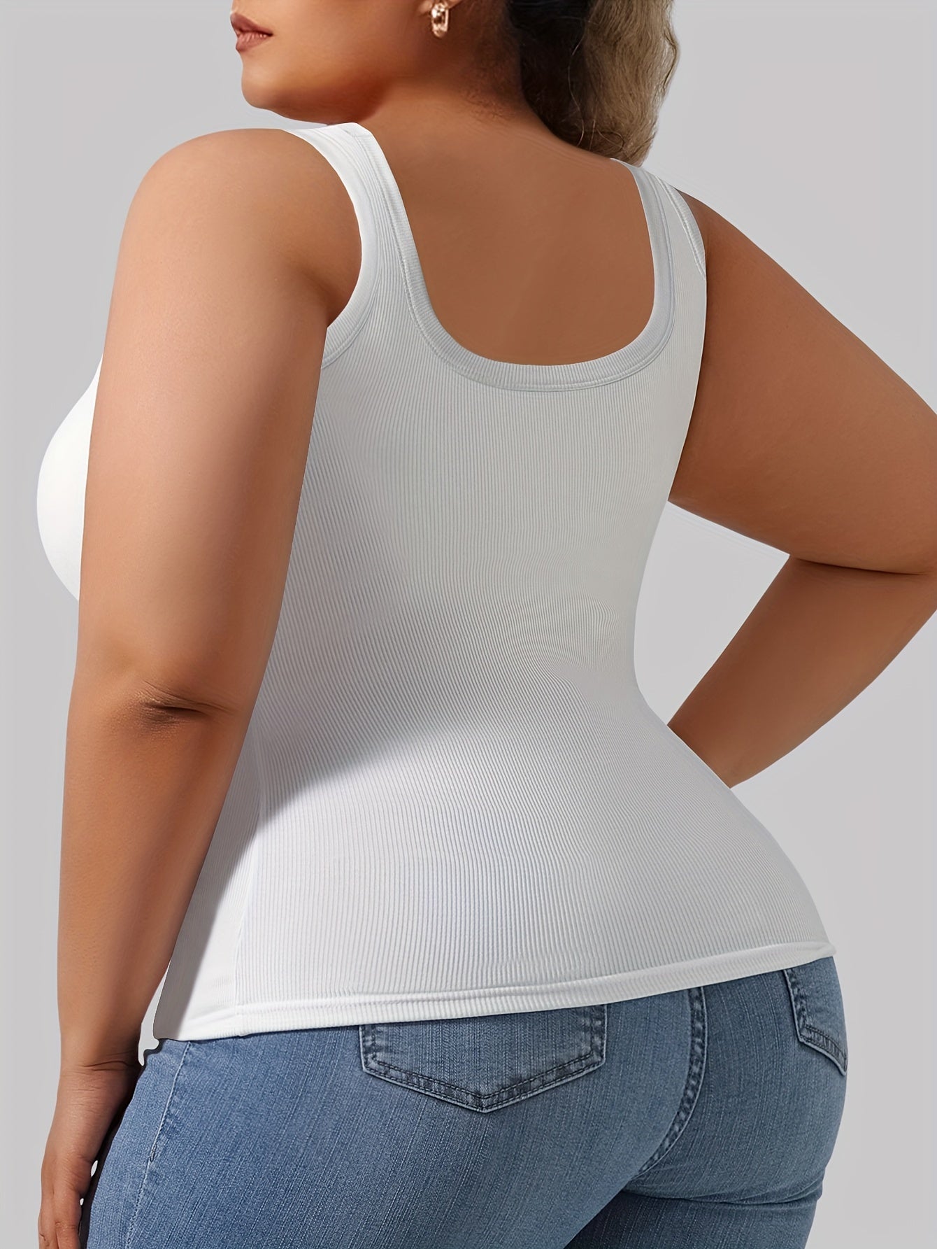 Plus Size Simple Shapewear Vest - Sculpting, Slim Fit, 2-in-1 Tank Top with Solid Ribbed Fabric, Scoop Neck Design, Comfortable and Breathable for Everyday Wear - Ideal for Curvy Women