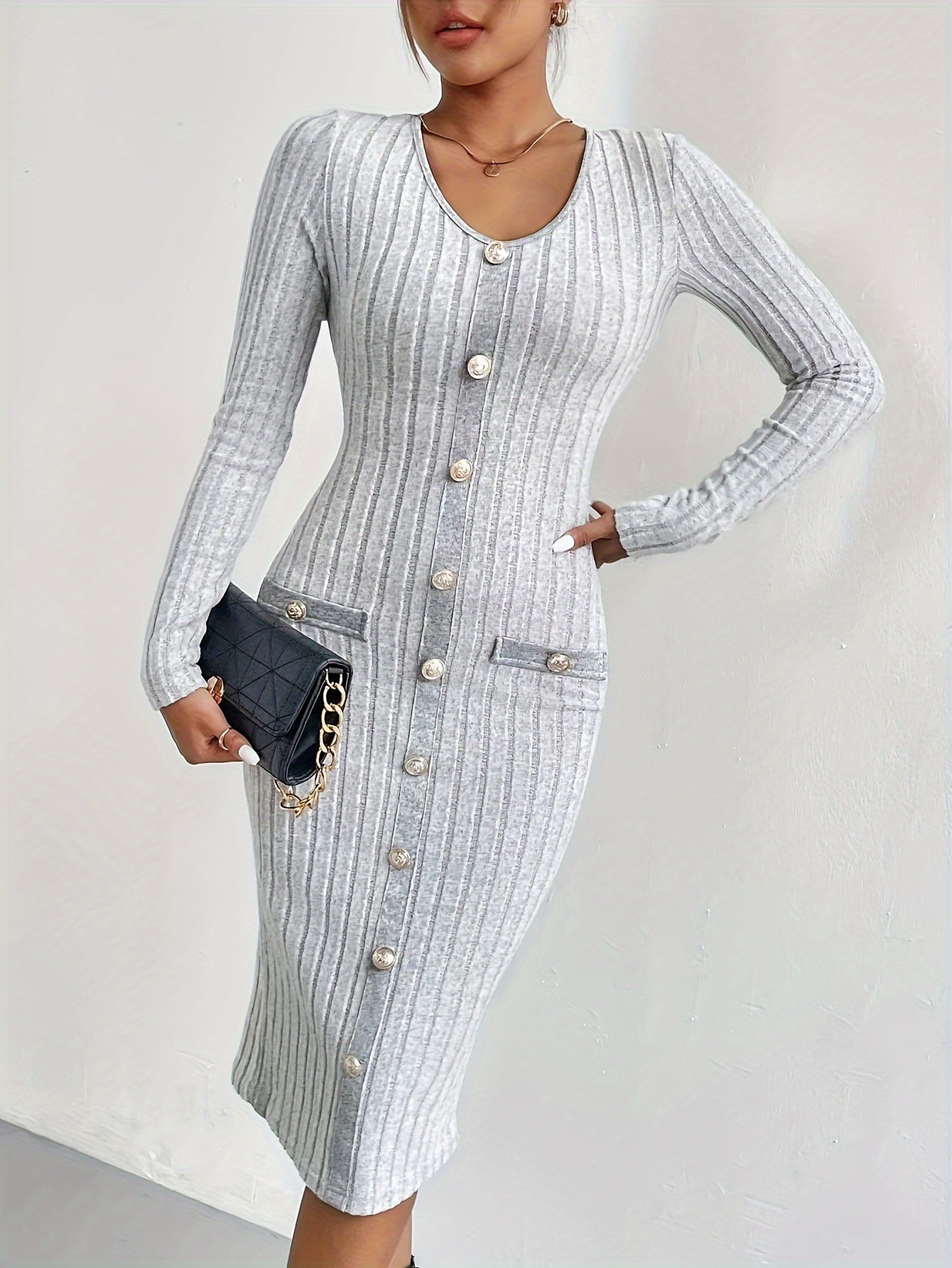 Ribbed Button Decor Dress, Casual Long Sleeve Bodycon Dress, Women's Clothing
