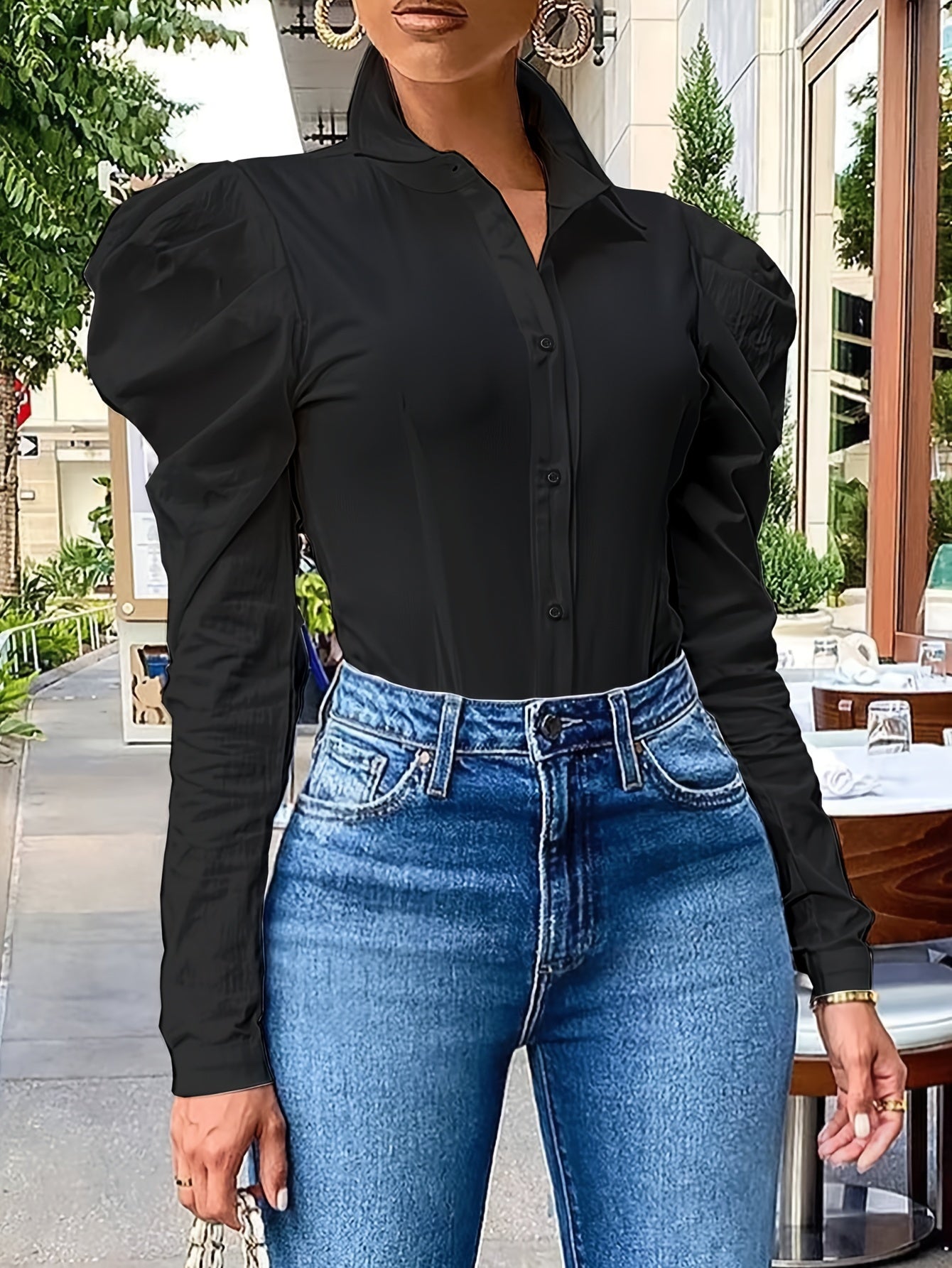 Elegant Slim-Fit Puff Sleeve Shirt | Versatile Year-round Style, Semi-Sheer Woven Fabric, Single-Button Closure - Women's Fashion