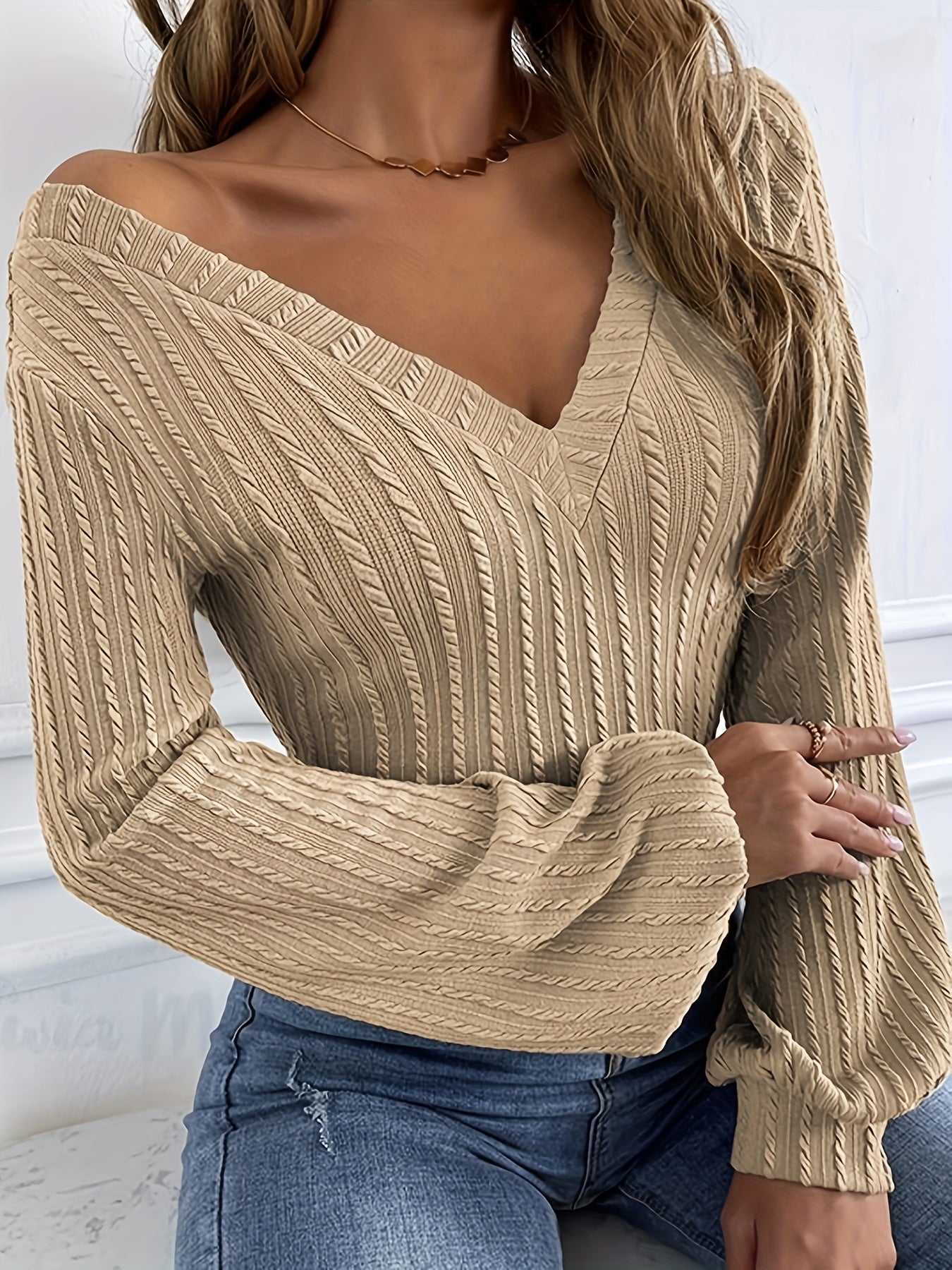 Ribbed Solid Slim T-shirt, Casual V Neck Long Sleeve T-shirt, Women's Clothing
