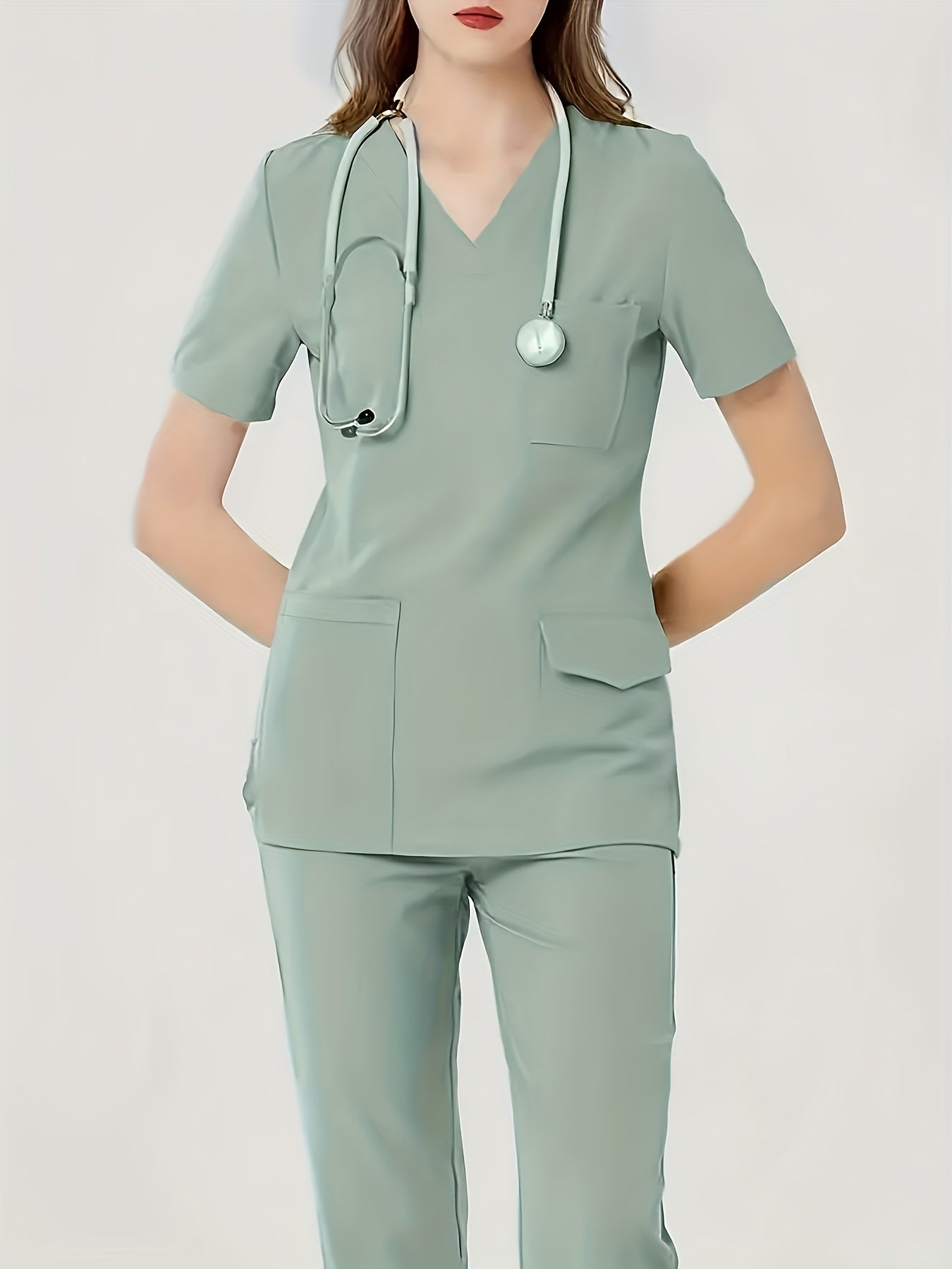Ultra-Soft Womens Two-Piece Health Care Uniform Set - Stylish V-Neck Top With Practical Pockets & Sleek Solid Pants - Premium Quality, Comfortable Everyday Wear For Women