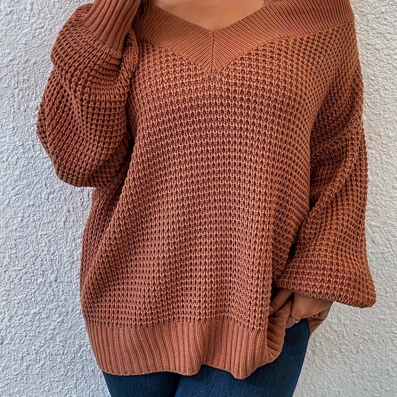 Plus Size Cold Shoulder Knitted Sweater, Elegant Long Sleeve Pullover Sweater