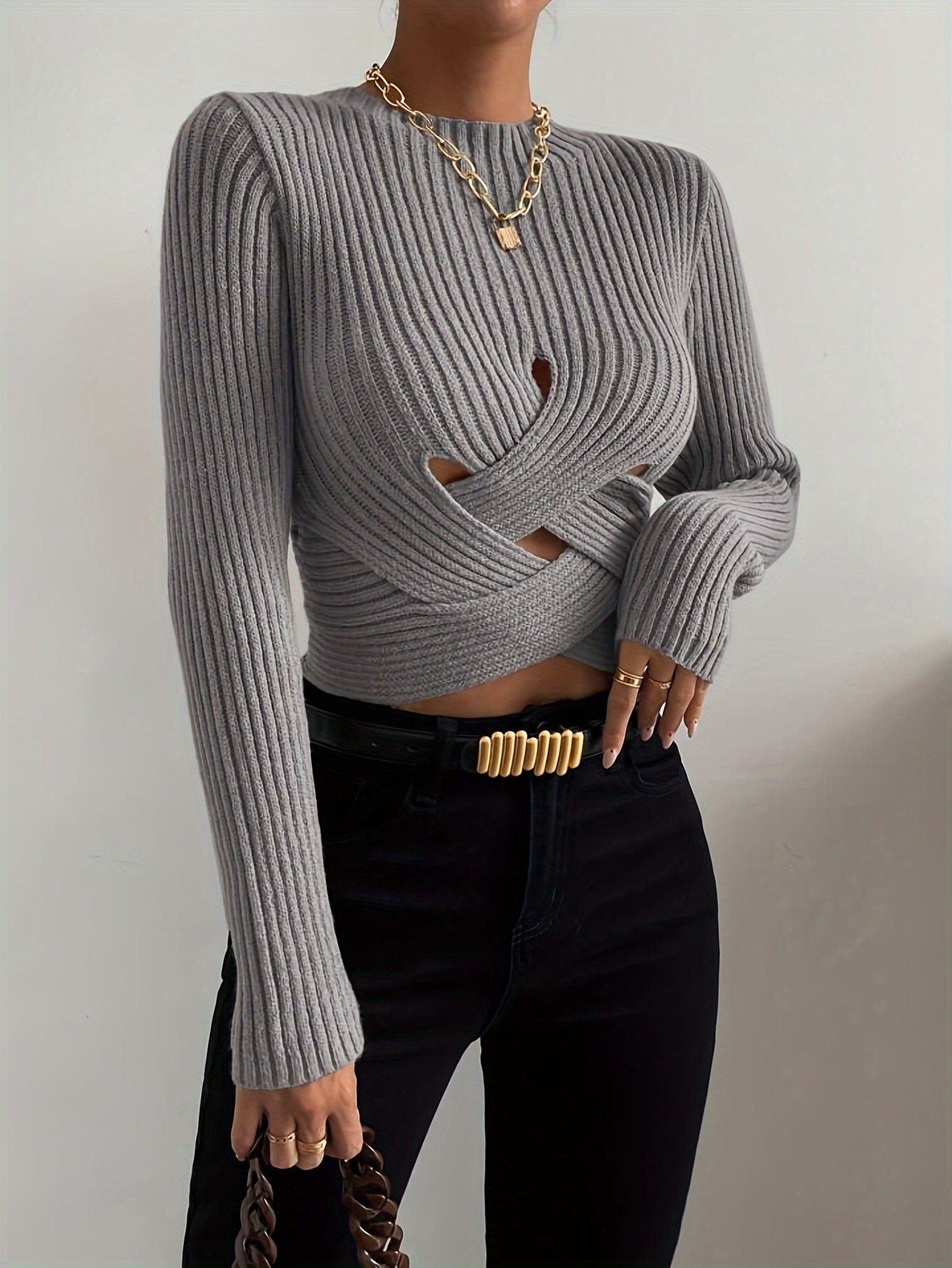 Sexy Rib Knit Slim Fit Crew Neck Pullover - Long Sleeve Sweater