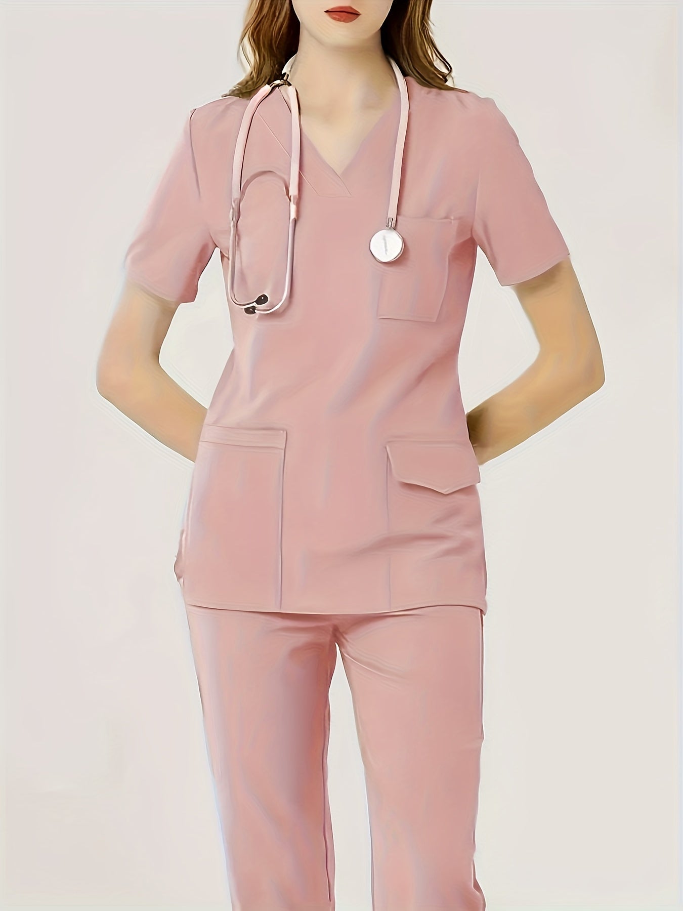 Ultra-Soft Womens Two-Piece Health Care Uniform Set - Stylish V-Neck Top With Practical Pockets & Sleek Solid Pants - Premium Quality, Comfortable Everyday Wear For Women