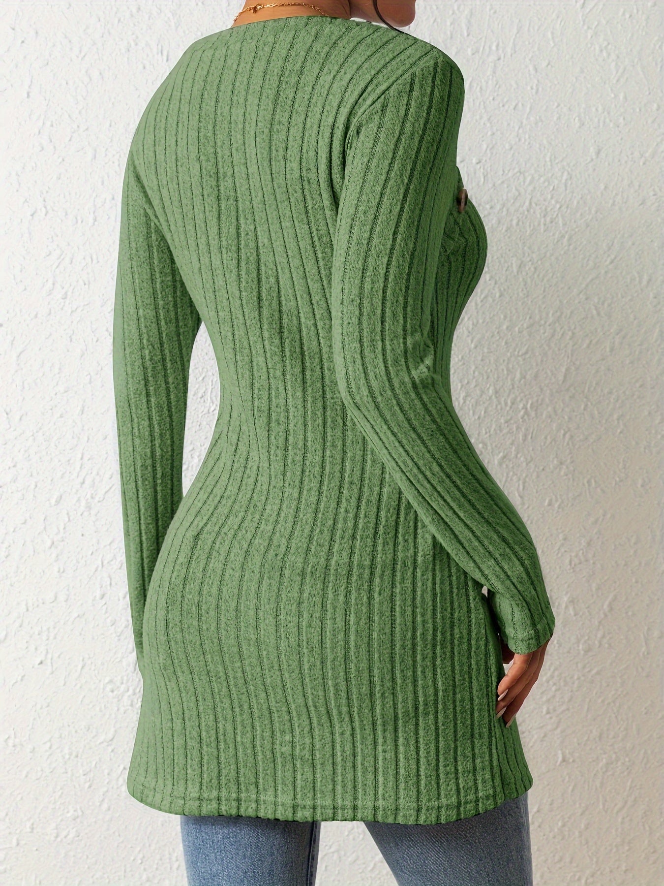 Chic Ribbed Long Sleeve Top with Unique Button Accent - Asymmetrical Hem - Perfect for Womens Spring & Fall Fashion