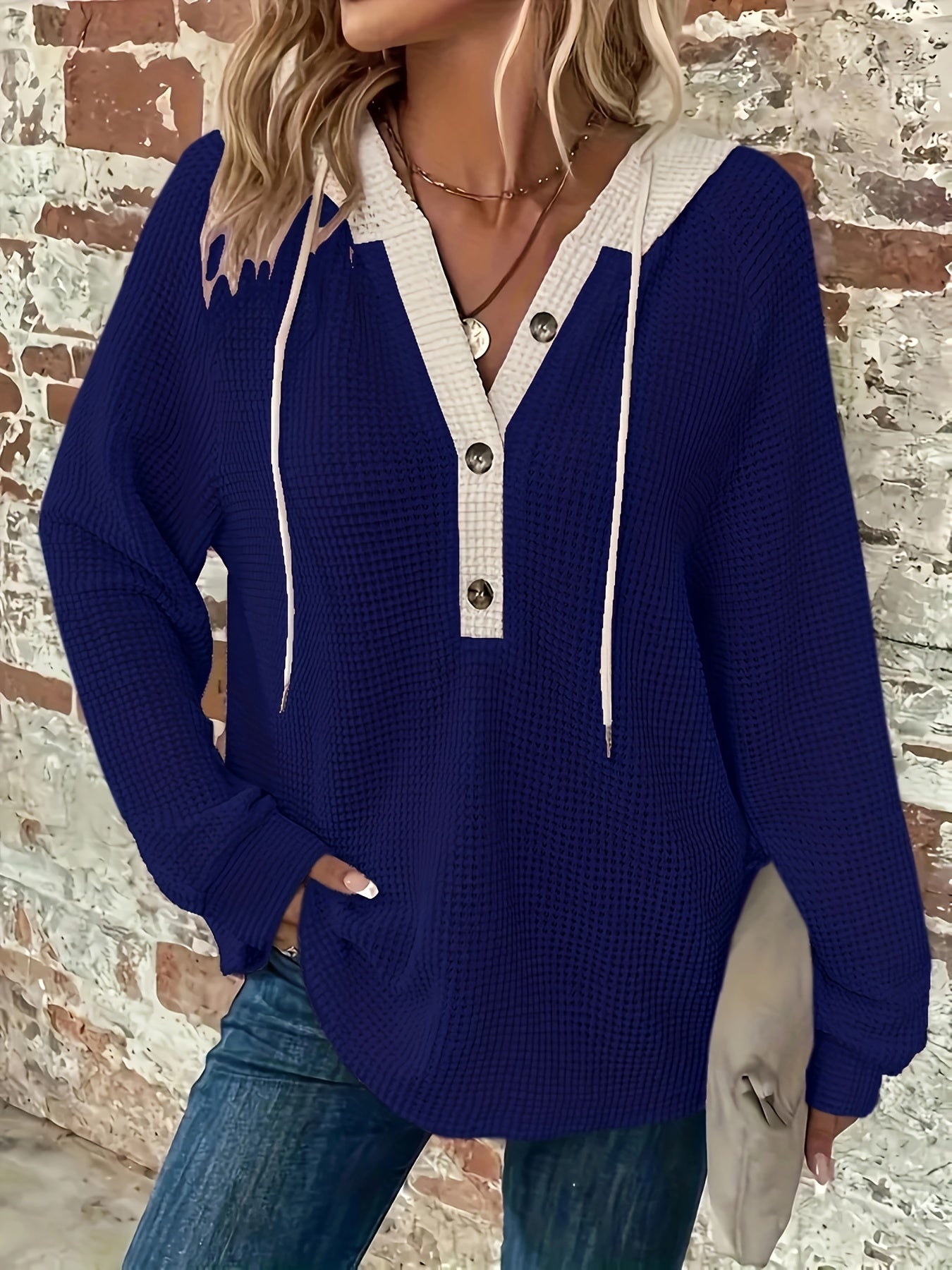 Plus Size Color Block Button Hoodie - Stylish Drawstring Design, Soft and Cozy Long Sleeve for Spring & Fall, Womens Casual Comfortable Clothing for Daily Wear