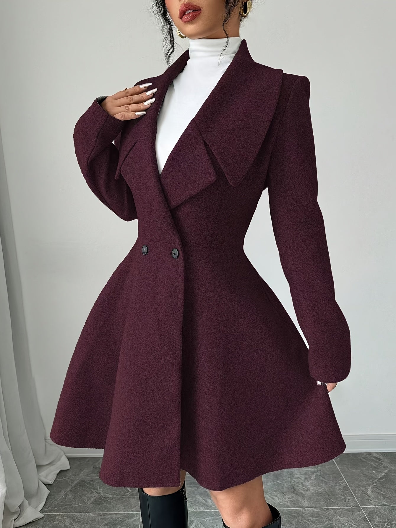 1 abrigo elegante de mujer de color liso con cuello alto, manga larga y doble botonadura, tejido de poliéster para otoño/invierno con detalle de botones
