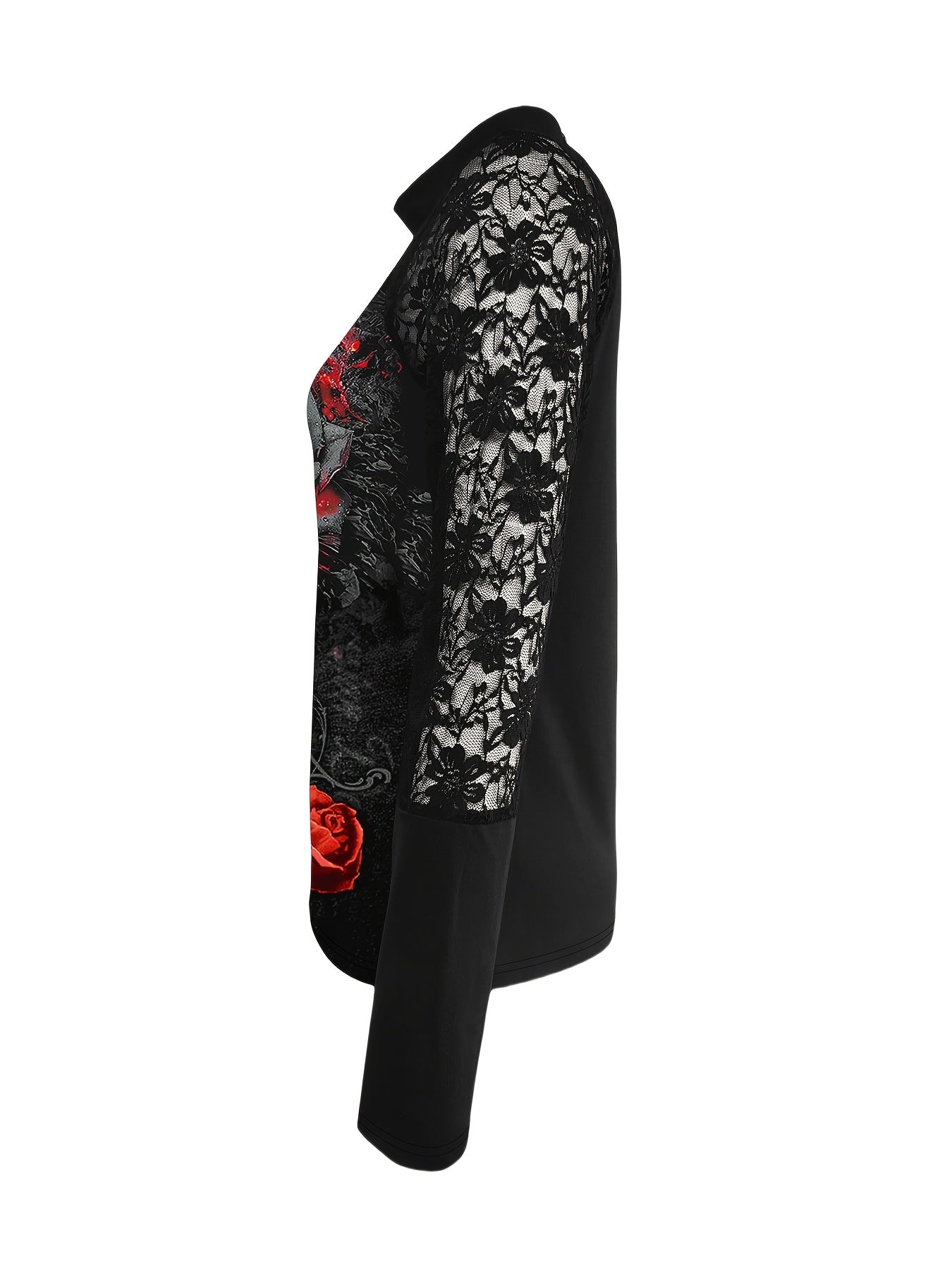 1pc Vintage Gothic Skull and Roses Print Long Sleeve T-Shirt, High Neck Lace Patchwork Top, Polyester Knit Fabric, Halloween Themed, Regular Length, Suitable for All Seasons