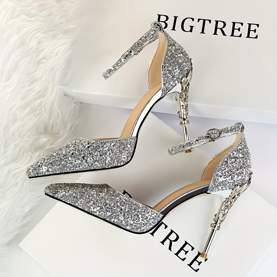 Chic Sequin Stiletto Sandals for Women - Sleek Pointed Toe, High Heel with Sparkling Accents, Lightweight & Versatile for All Seasons