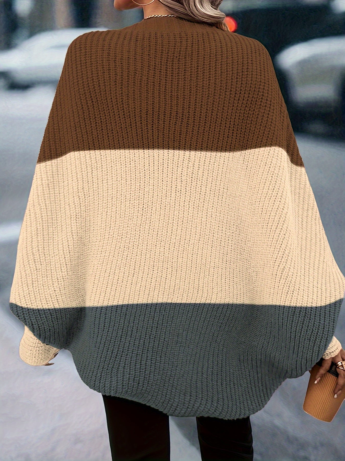 Cárdigan de punto con bloques de colores elegantes: suéter suave con mangas murciélago y frente abierto